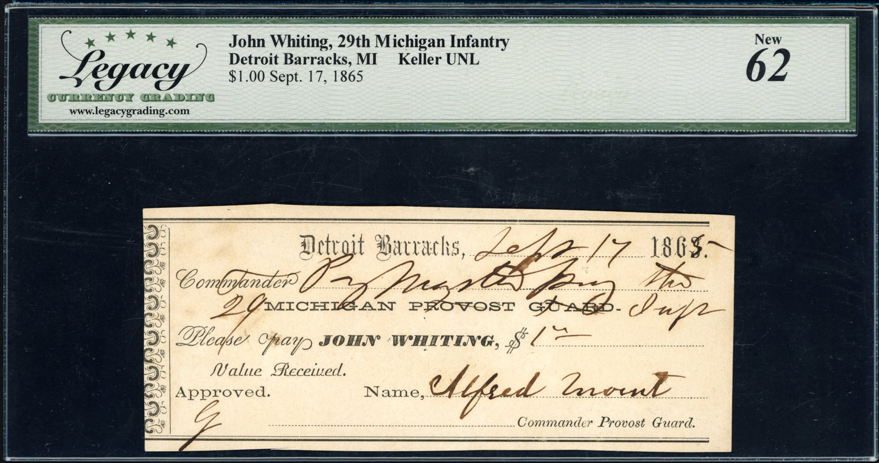 Sep. 17, 1865 Detroit, Michigan 29th Michigan Infantry $1 John Whiting ...