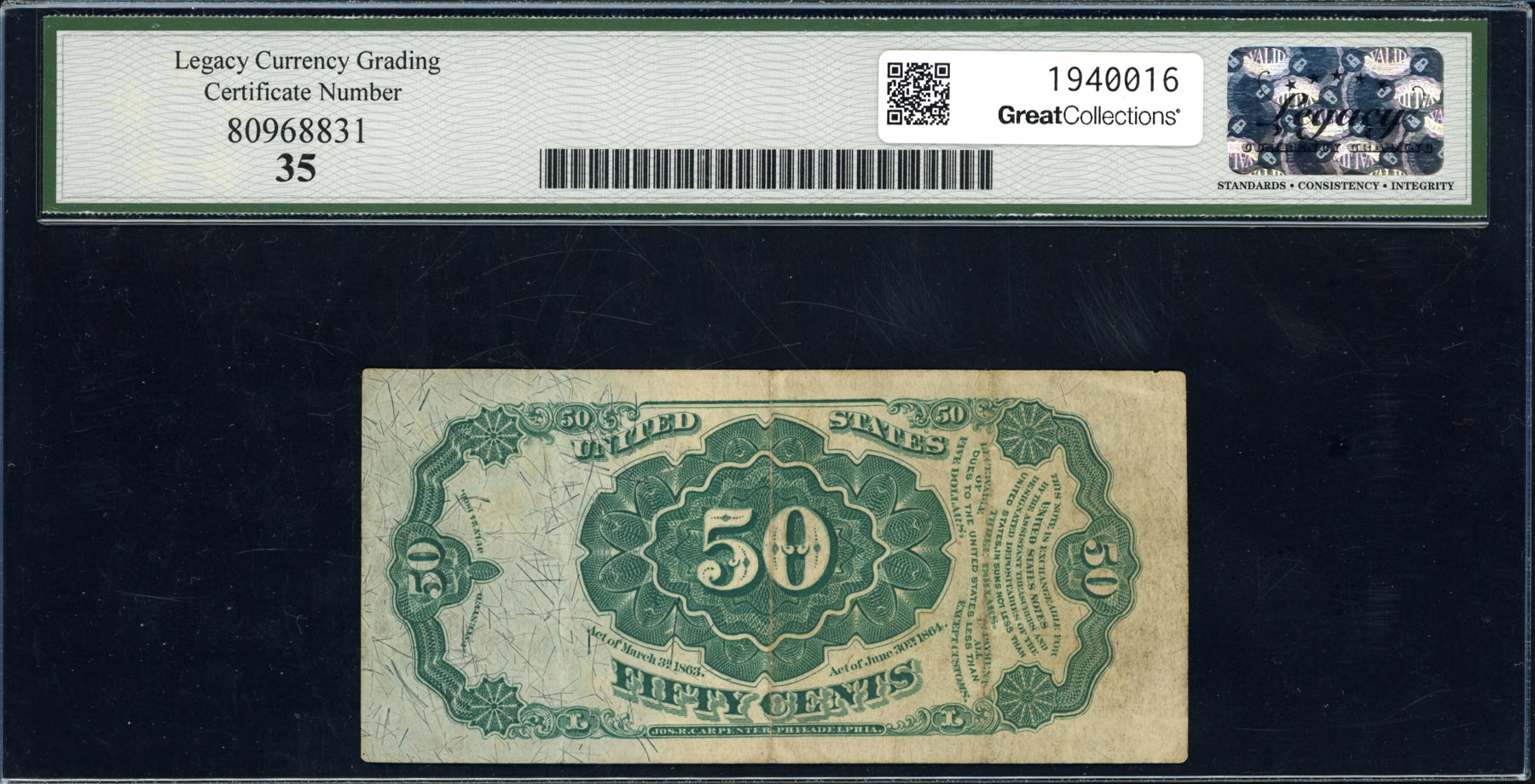 Fr. 1381 Fifth Issue 50 Cents Fractional Currency Note Allison / New ...