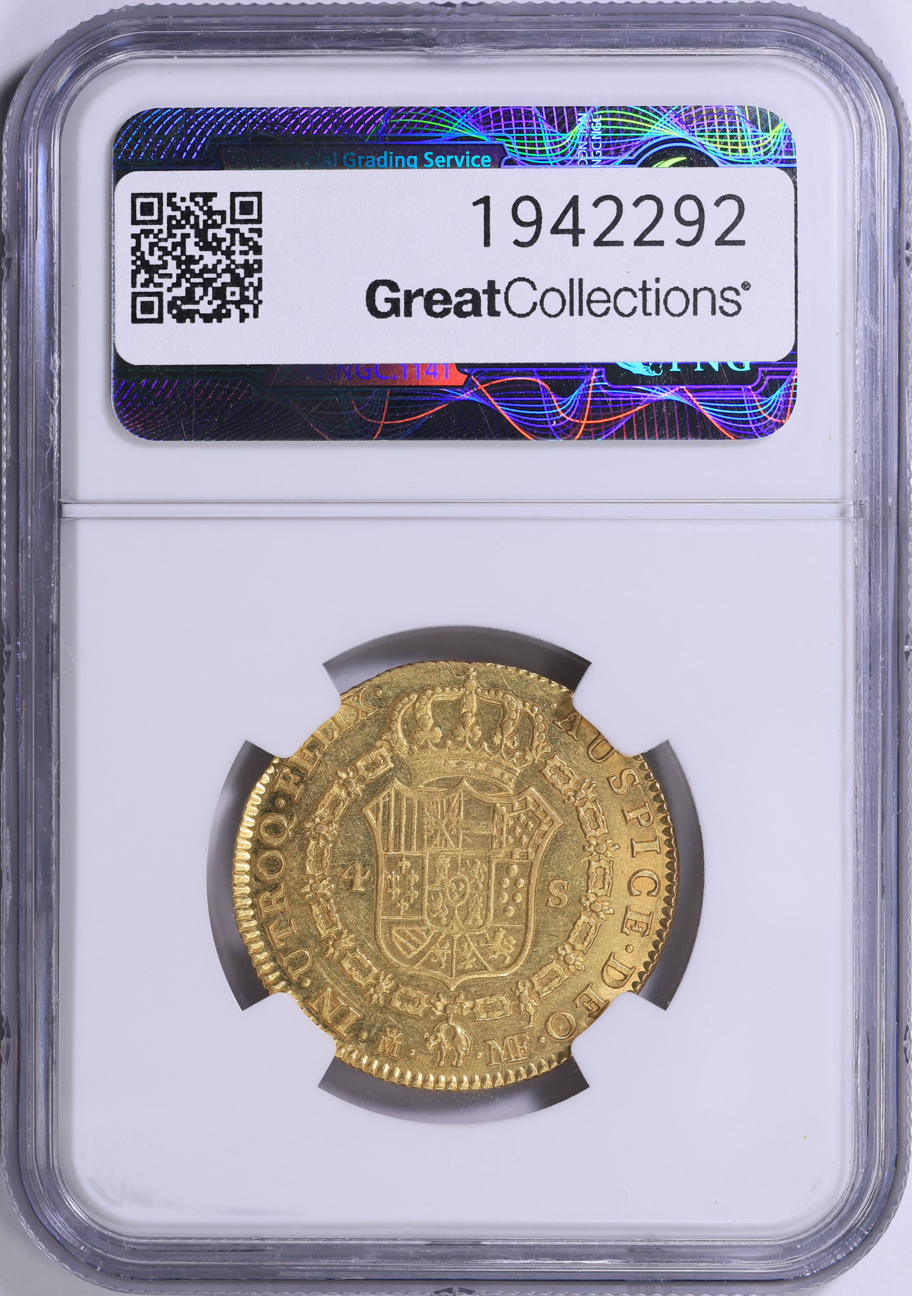 Spain 1796-M MF Gold 4 Escudos KM-436.1 NGC AU-58 (AGW = 0.3809 oz