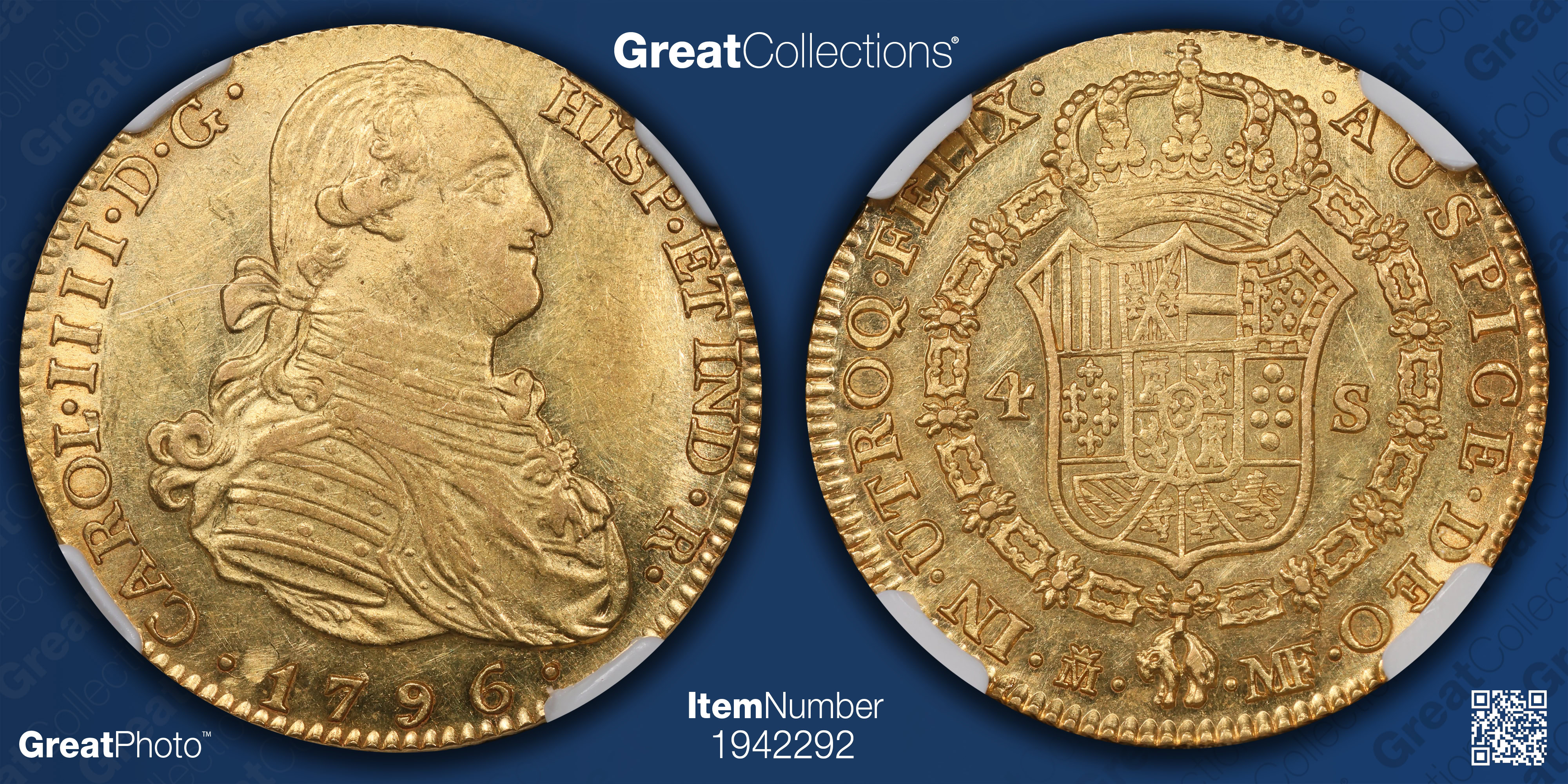 Spain 1796-M MF Gold 4 Escudos KM-436.1 NGC AU-58 (AGW = 0.3809 oz