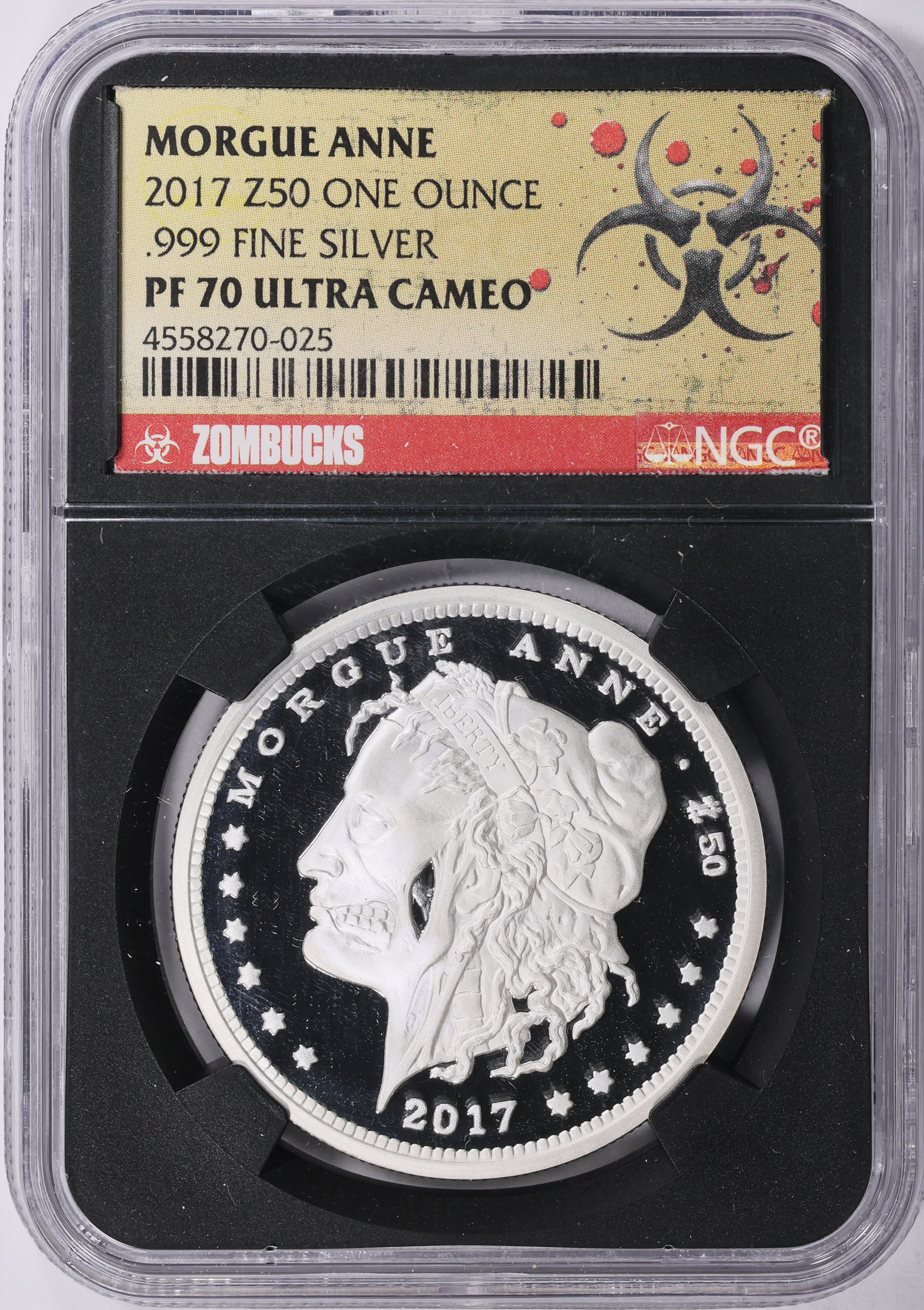 2017 Silver 1oz Z50 Zombucks Morgue Anne Round NGC Proof-70 UC