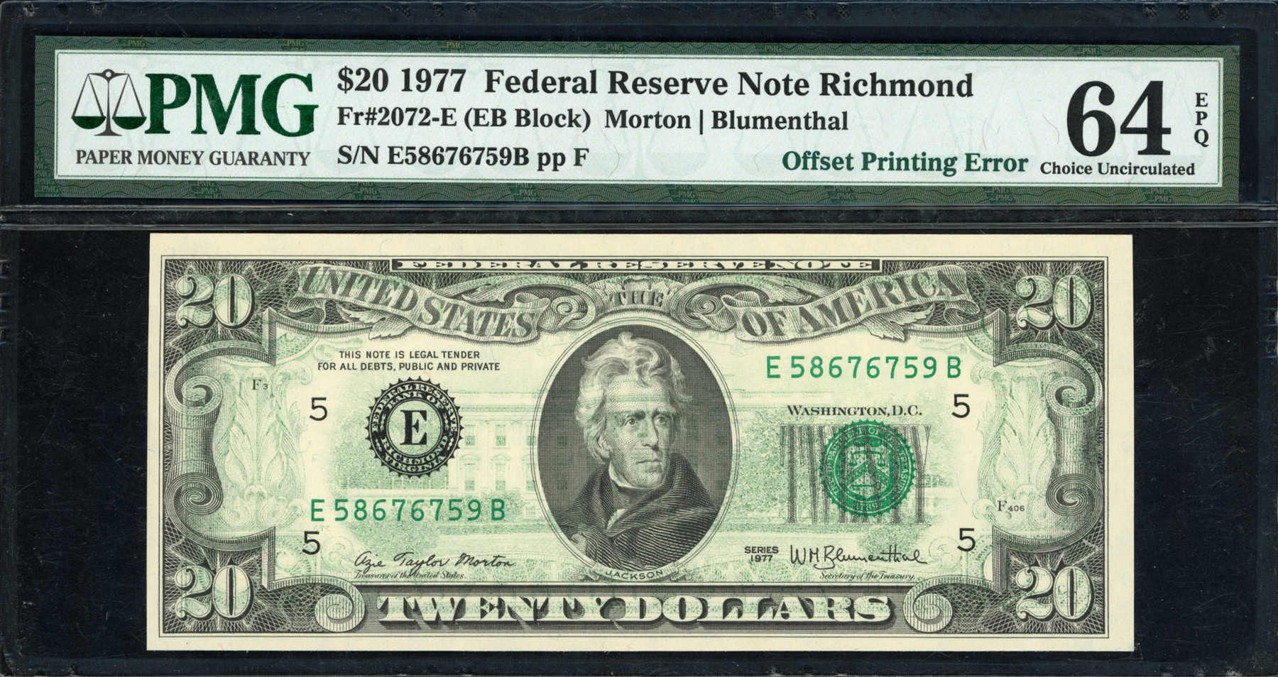 Off Set Error Banknote Fr. 2072-E (EB Block) 1977 $20 Richmond Federal Reserve Error Note ...