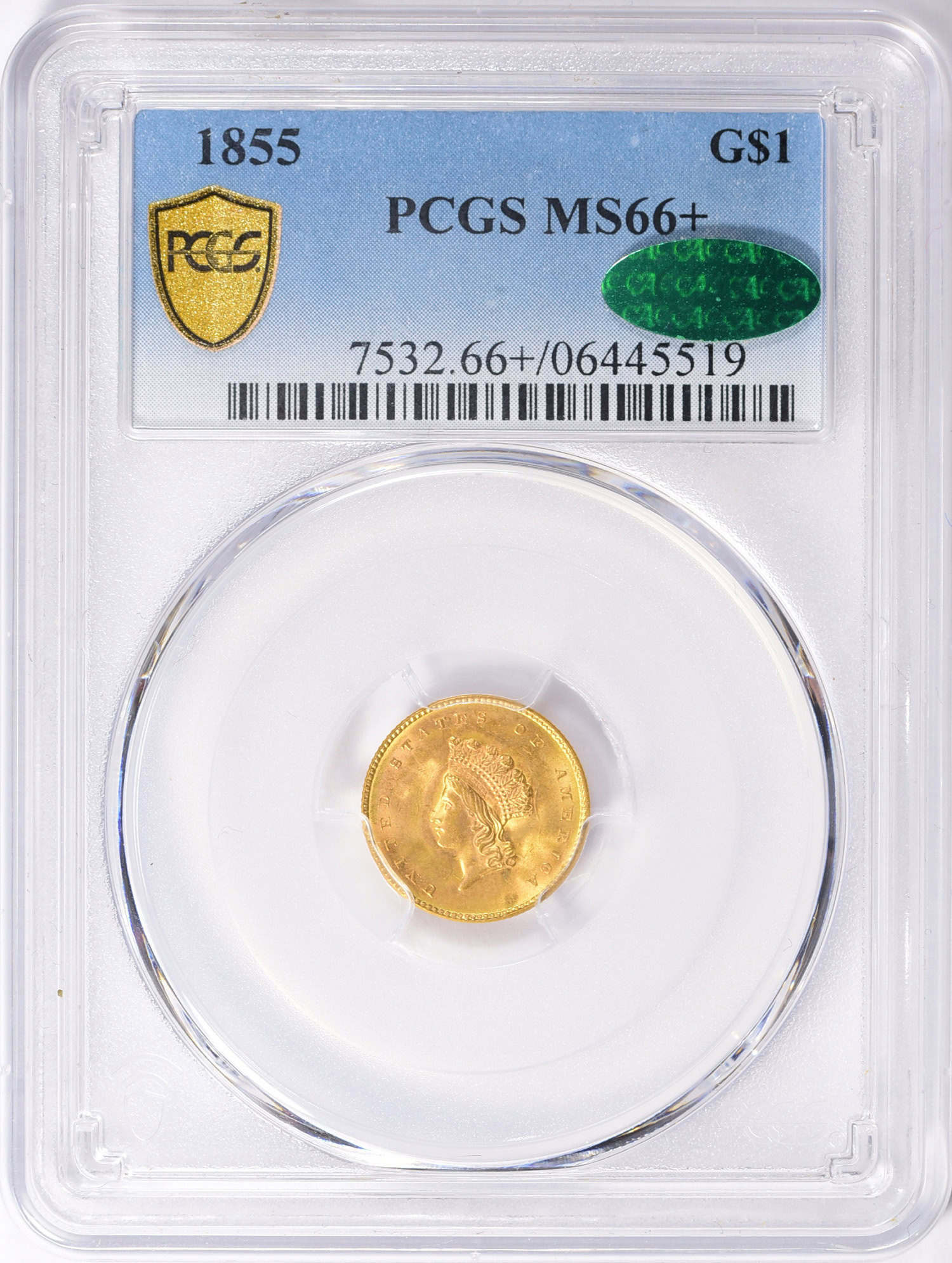 1855 Indian Princess Gold Dollar PCGS MS-66+ (CAC Green) (Item