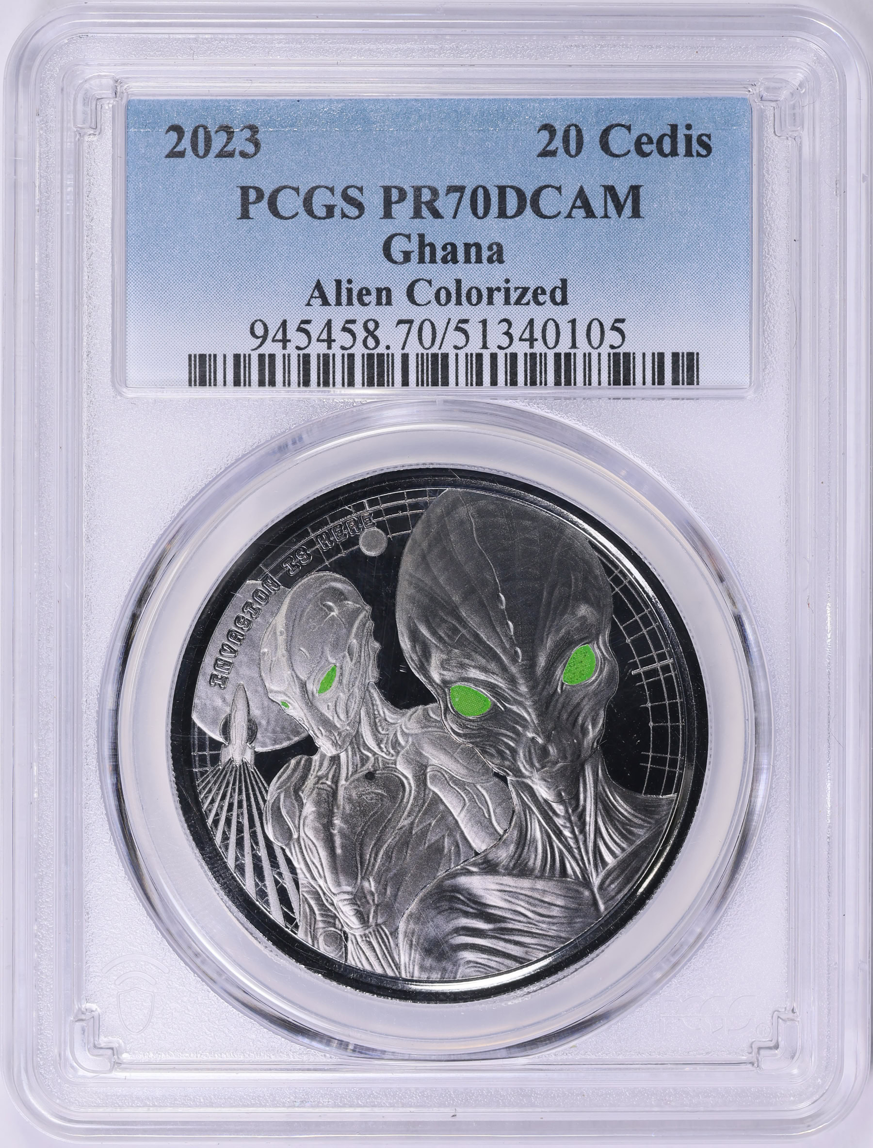 Ghana 2023 Colorized Silver 20 Cedis Alien Invasion PCGS Proof-70