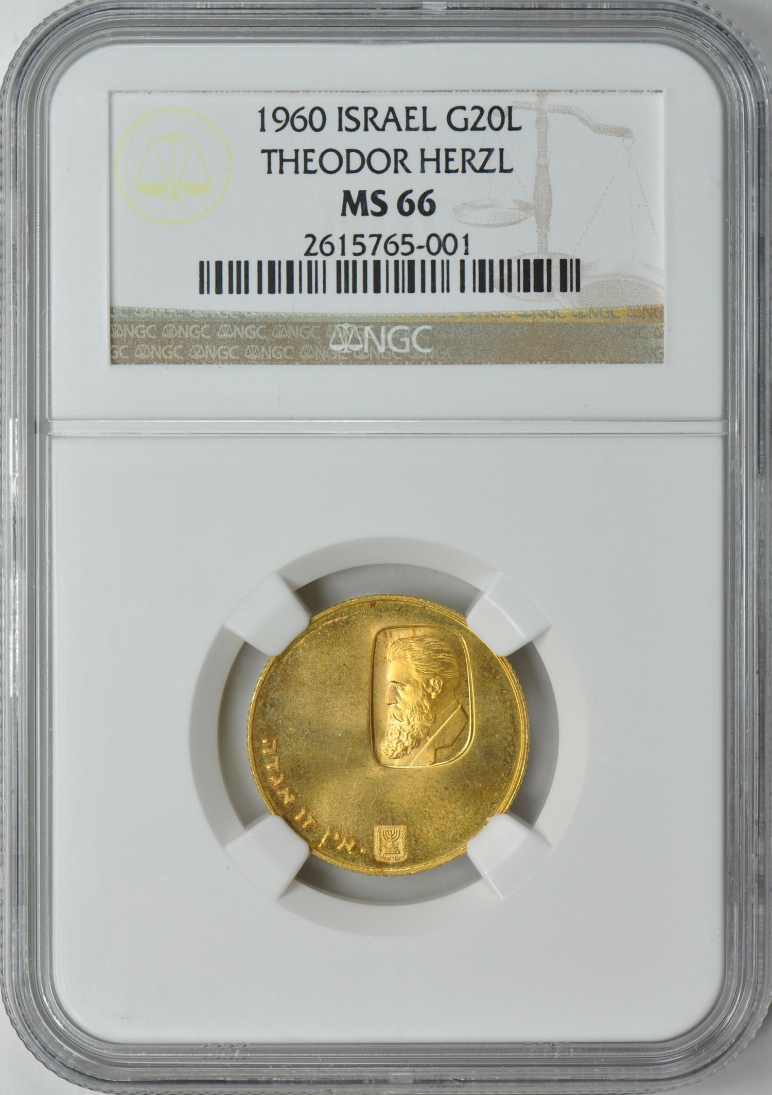 Israel 1960 Gold 20 Lirot Theodor Herzl NGC MS-66 (AGW = 0.2355 oz