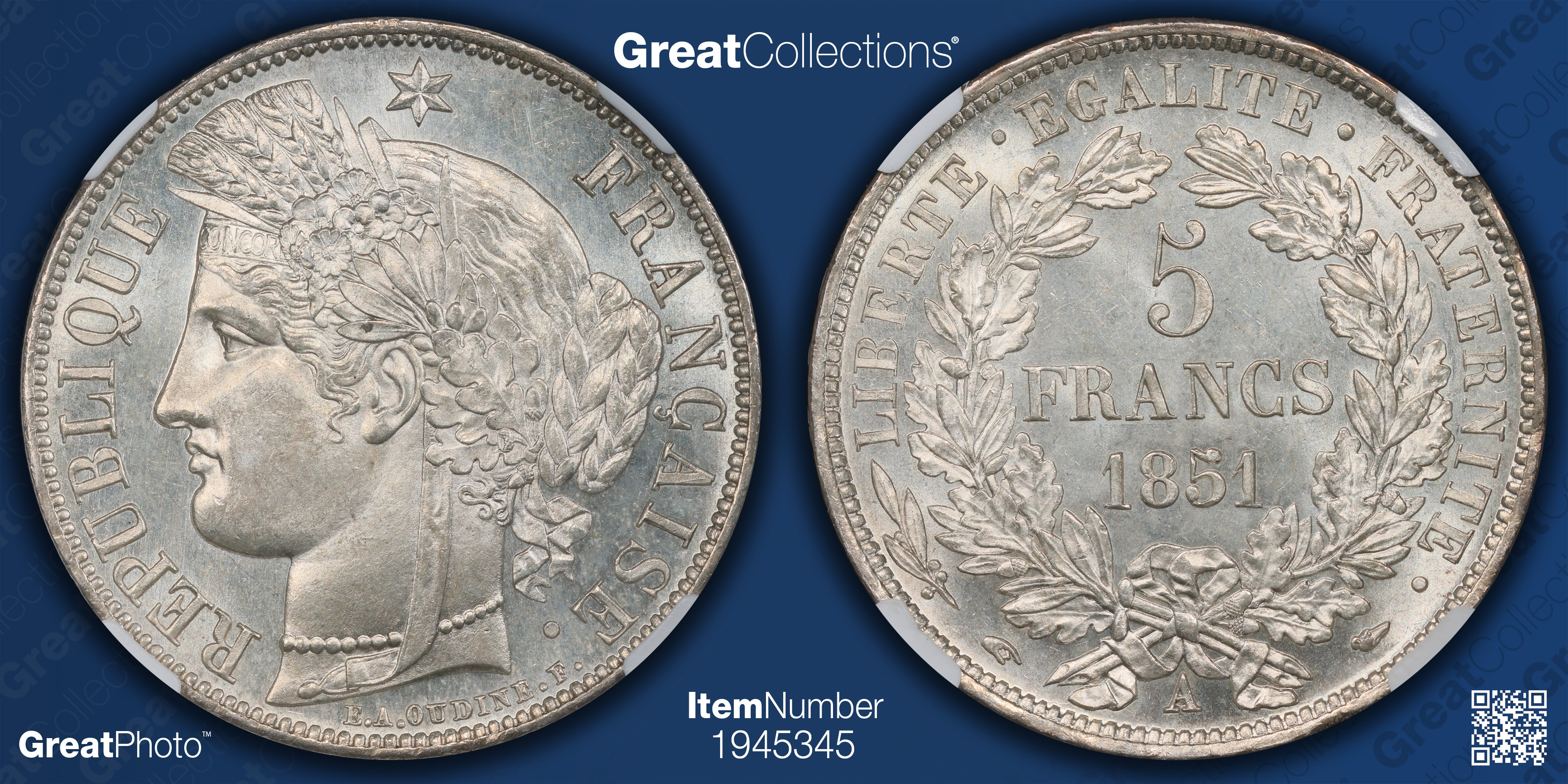 France 1851-A Silver 5 Francs Gad-719 NGC MS-64 (Item 1945345 ...