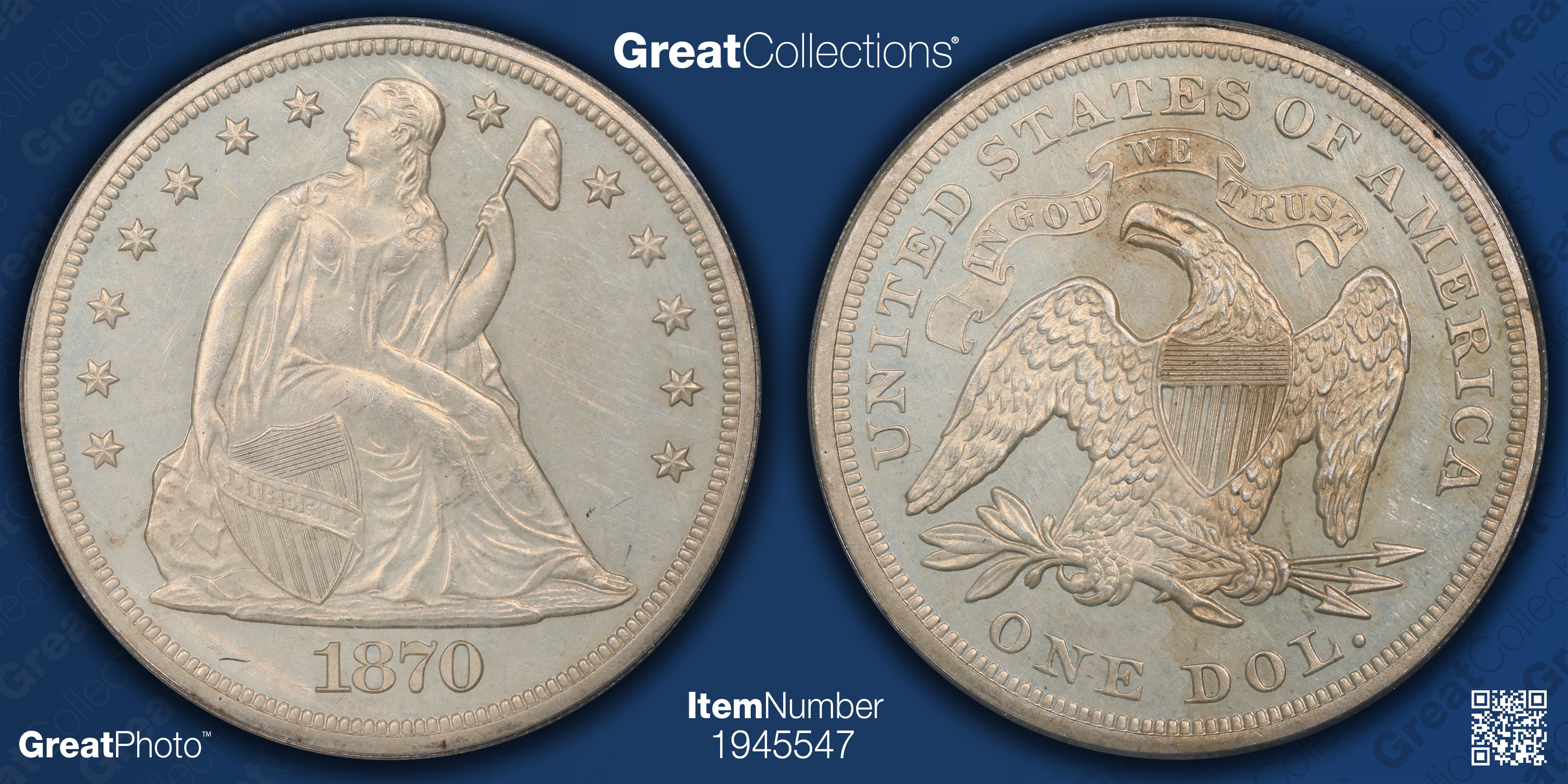 1870 Seated Liberty Silver Dollar PCGS Proof-62 (Item 1945547