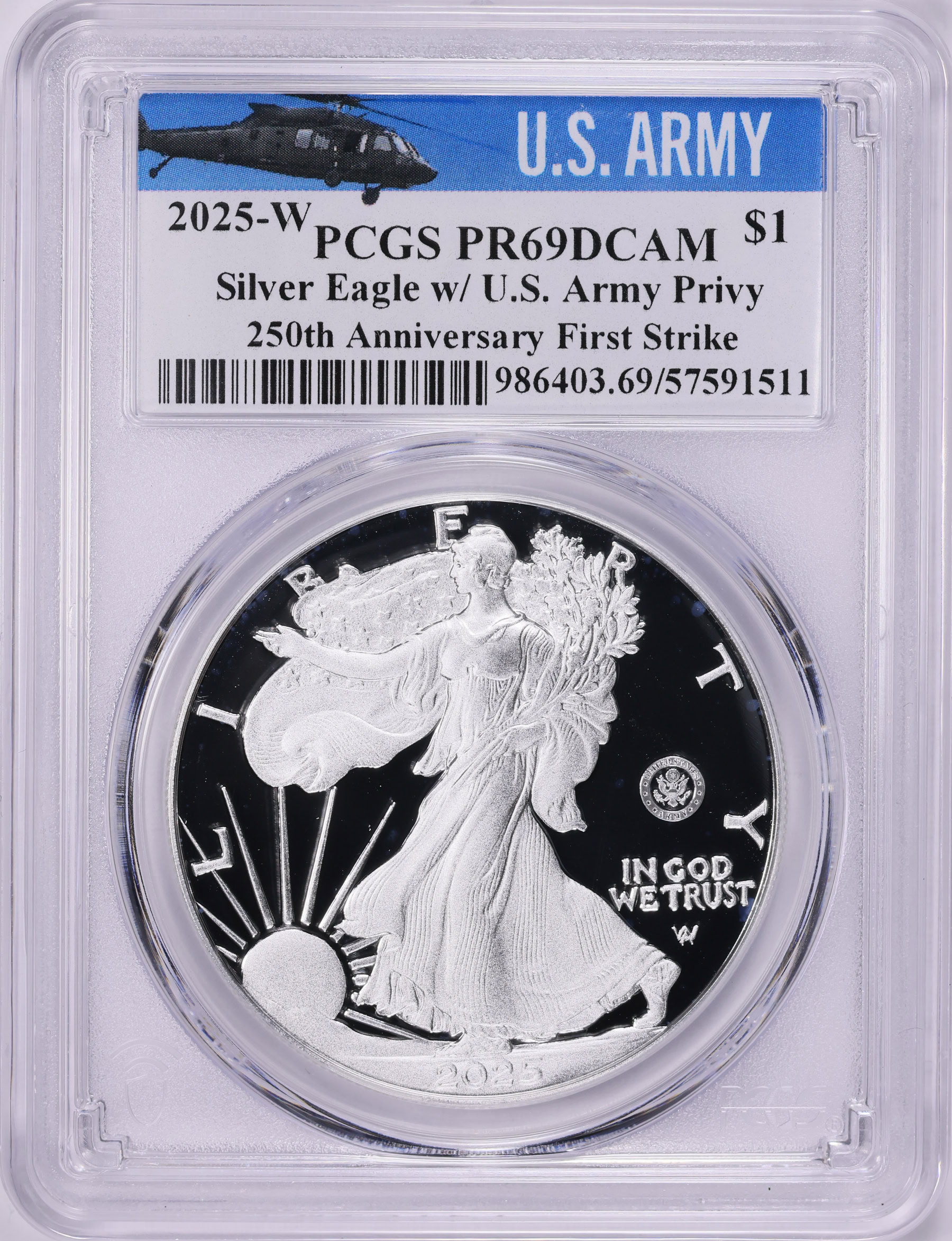 2025-W $1 Silver Eagle U.S. Army Privy 250th Anniversary First