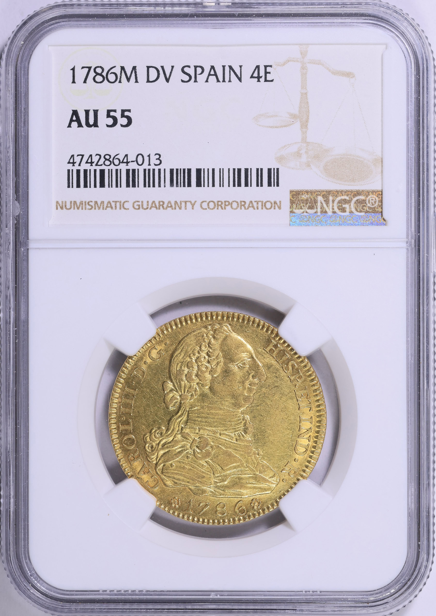 Spain 1786-M DV Gold 4 Escudos KM-418.1a NGC AU-55 (AGW = 0.3809