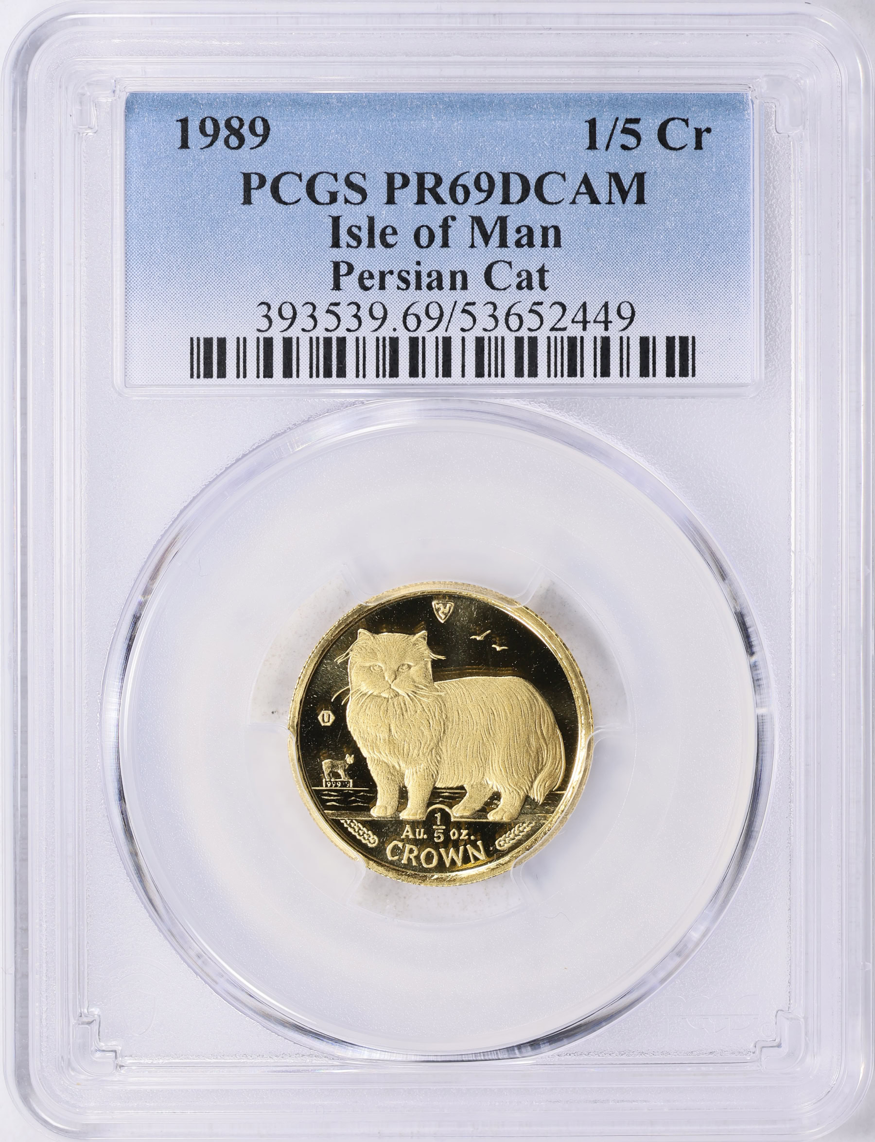 Isle of Man 1989 Gold 1/5 Crown Persian Cat KM-254 PCGS Proof-69