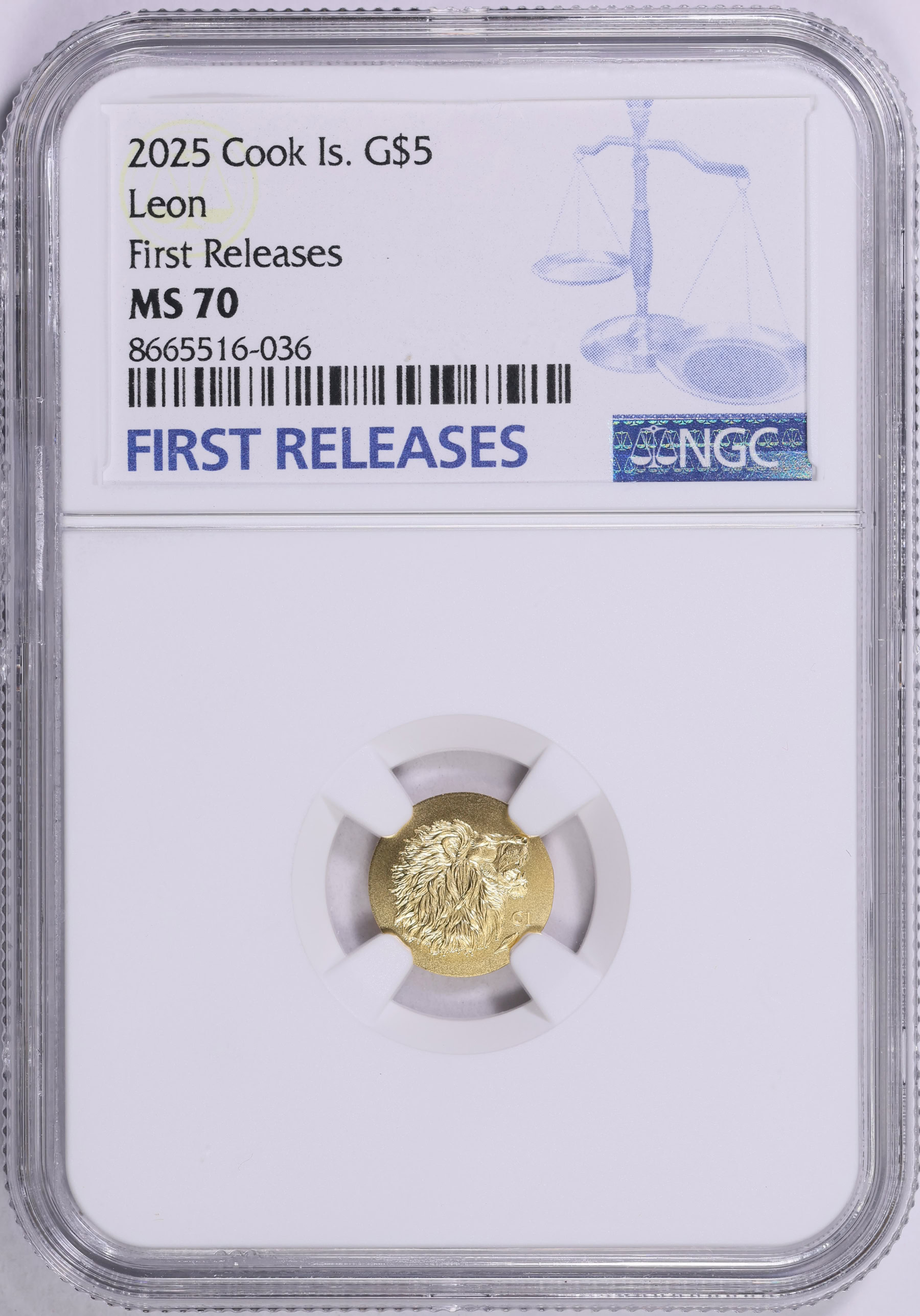 Cook Islands 2025 Gold $5 Leon First Releases NGC MS-70 (AGW