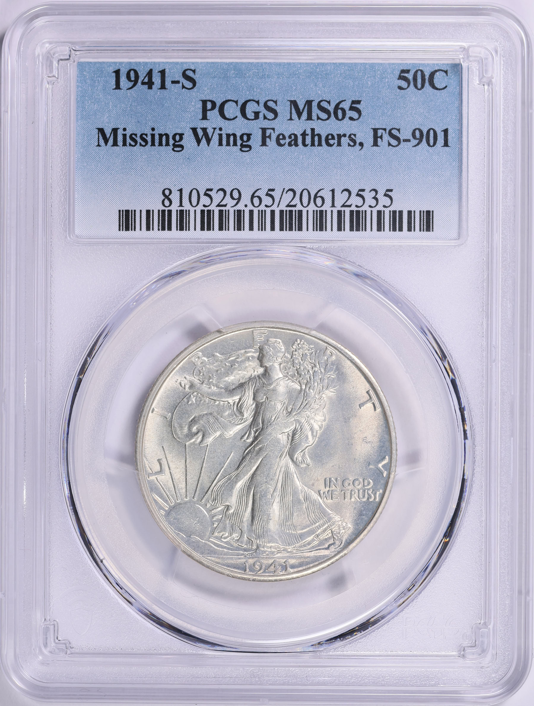 1941-S Walking Liberty Half Dollar Missing Wing Feathers FS-901