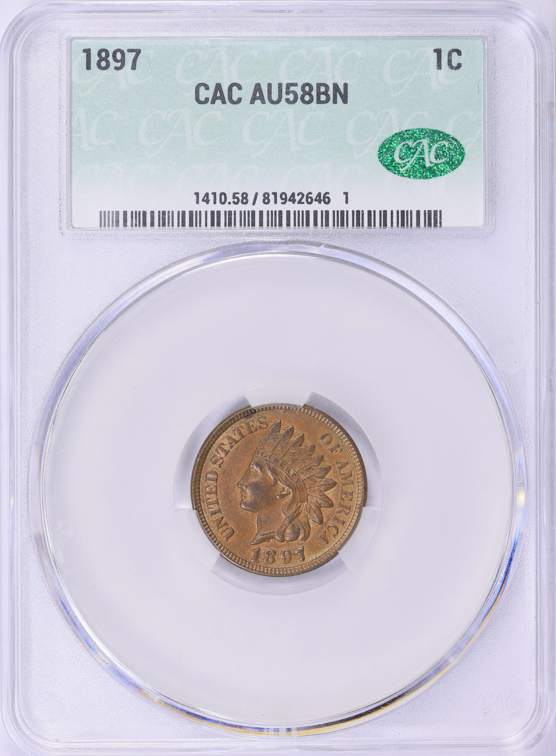 1897 Indian Cent CACG AU-58 BN (Item 1949294) | GreatCollections Coin ...