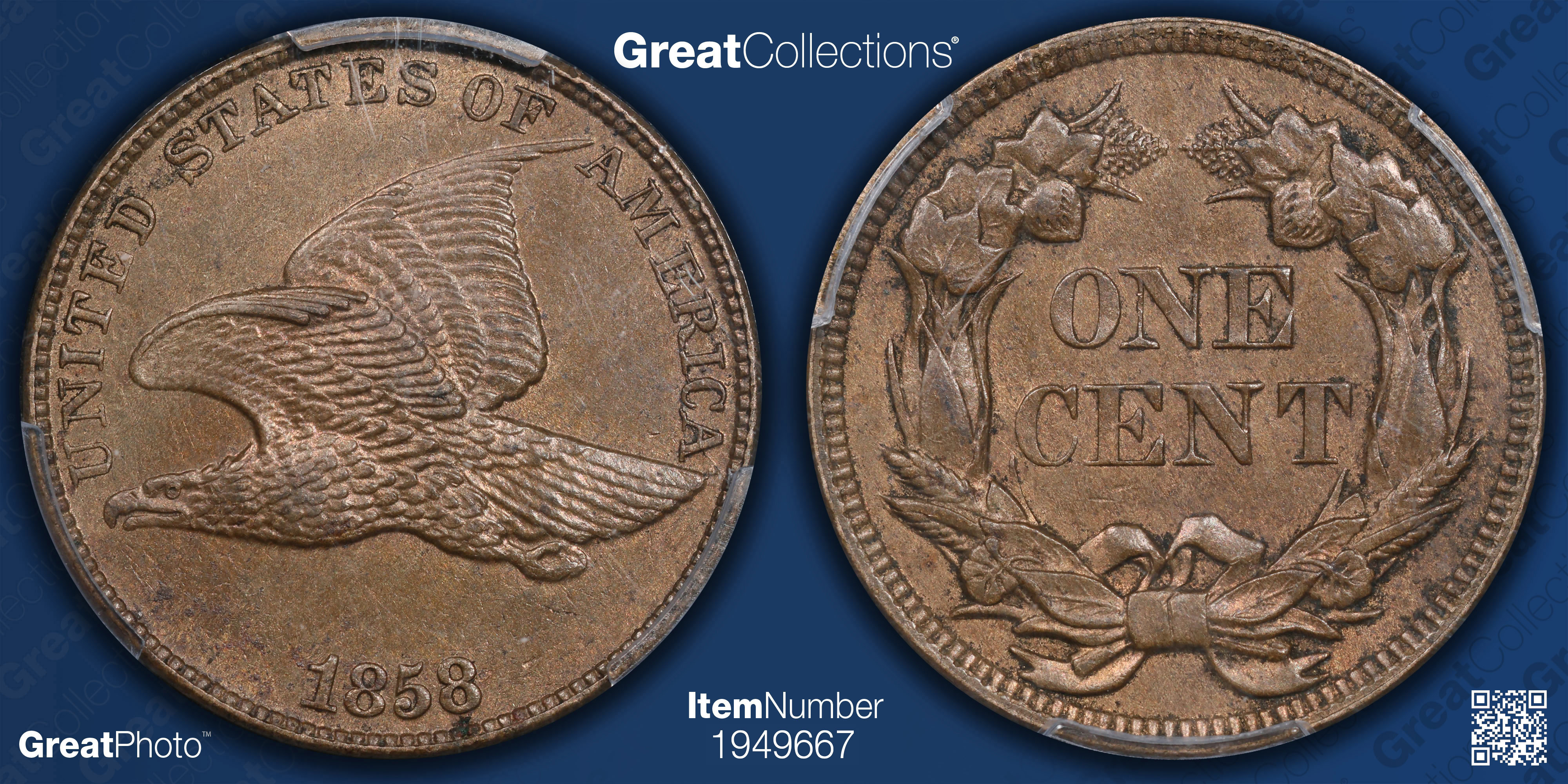 1858 Flying Eagle Cent Large Letters PCGS AU-58 (CAC Green) (Item ...
