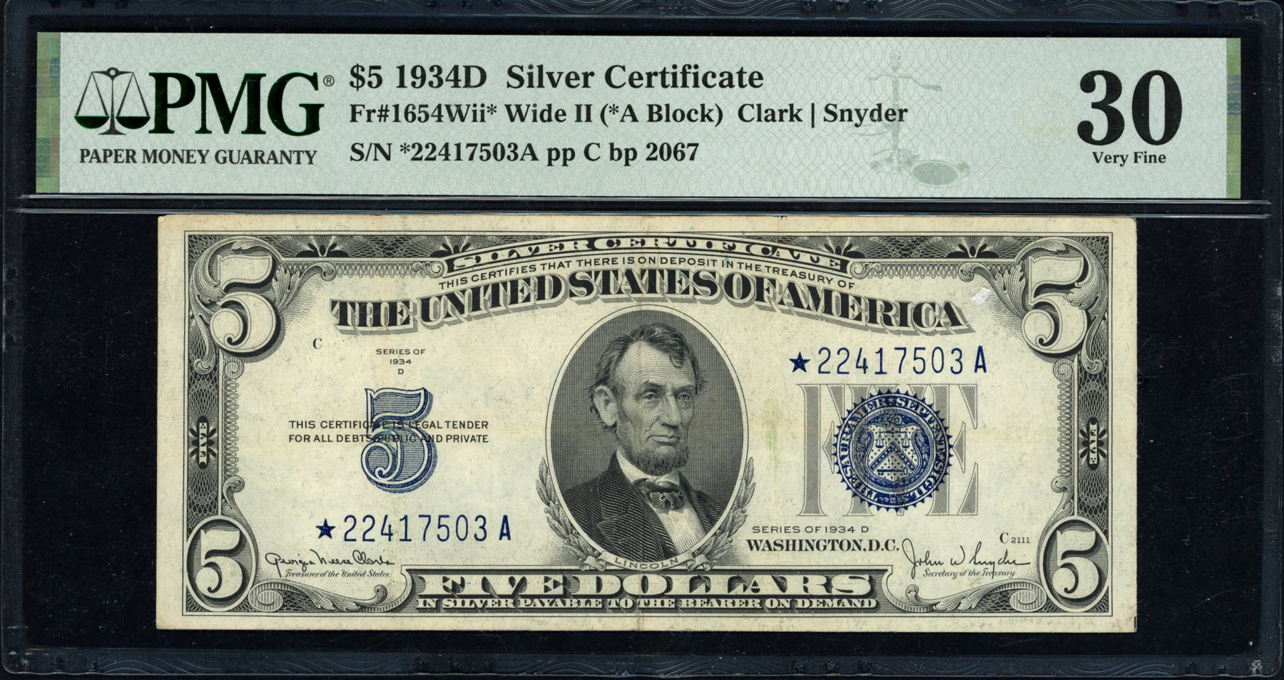 Fr. 1654Wii* Wide II (*A Block) 1934D $5 Silver Certificate Note