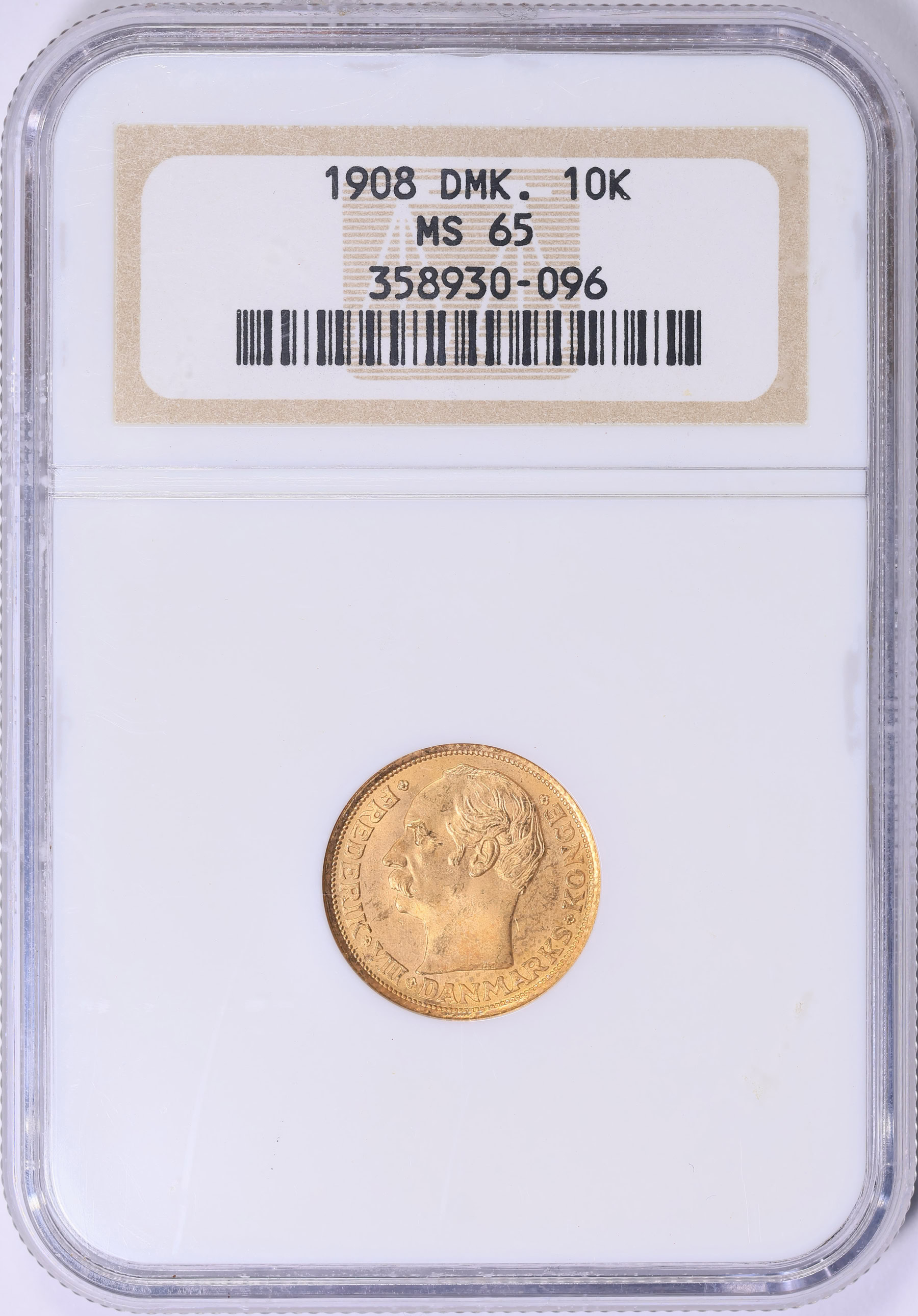 Denmark 1908-VBP Gold 10 Kroner KM-809 NGC MS-65 (AGW = 0.1296 Oz