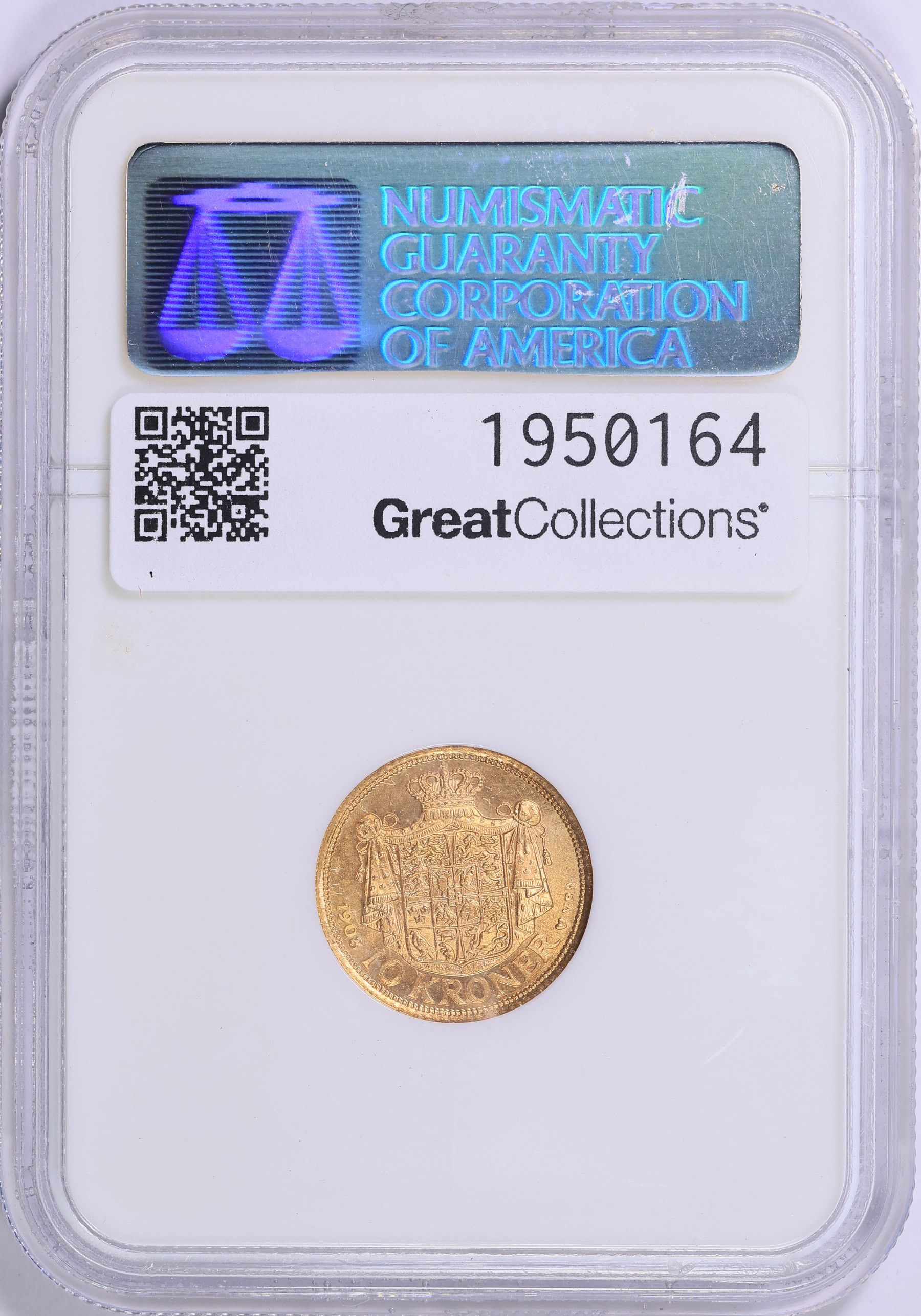Denmark 1908-VBP Gold 10 Kroner KM-809 NGC MS-65 (AGW = 0.1296 Oz