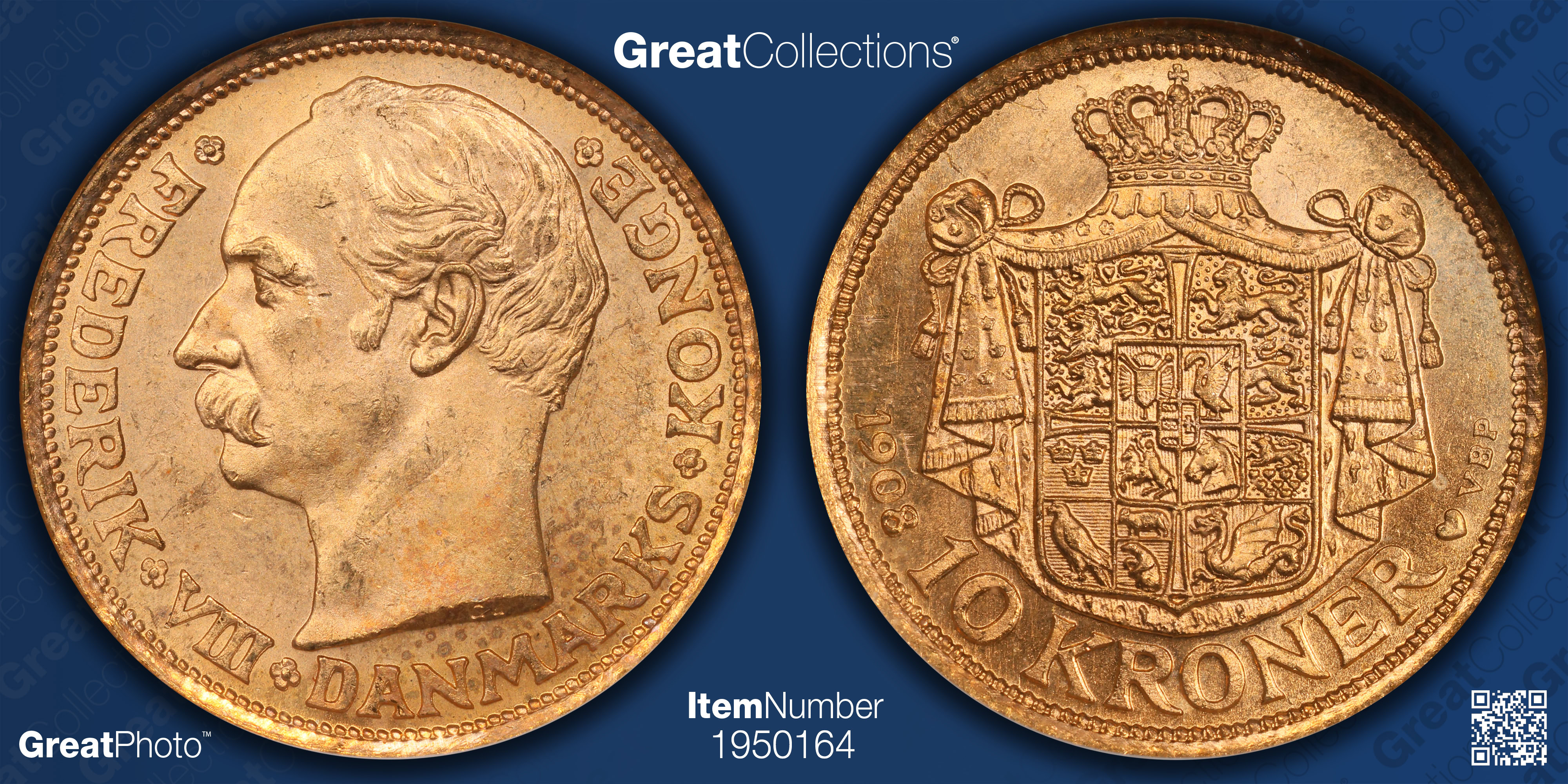 Denmark 1908-VBP Gold 10 Kroner KM-809 NGC MS-65 (AGW = 0.1296 Oz