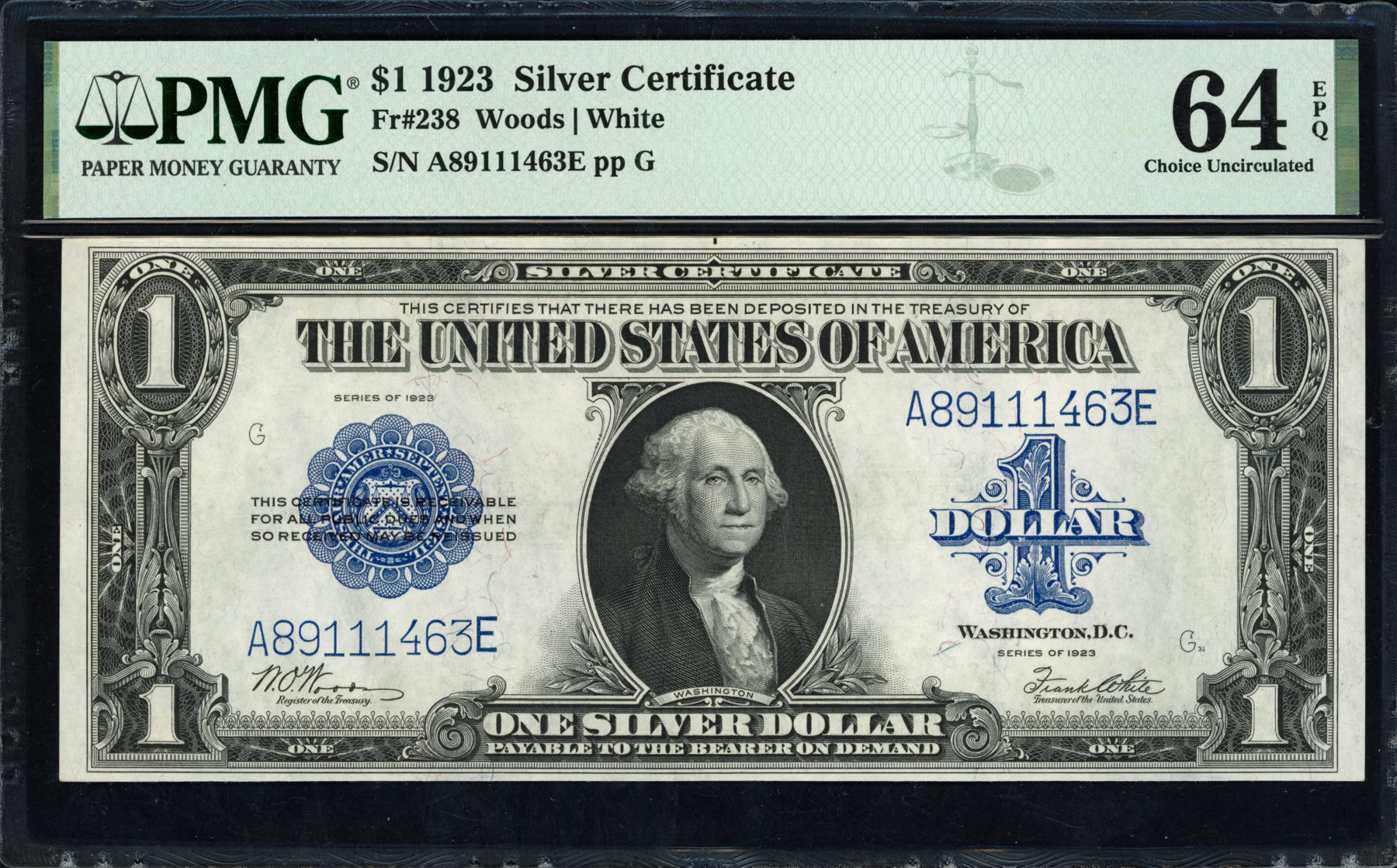 238 Code Silver Fr. 238 1923 $1 Silver Certificate Note Woods / White PMG Choice ...