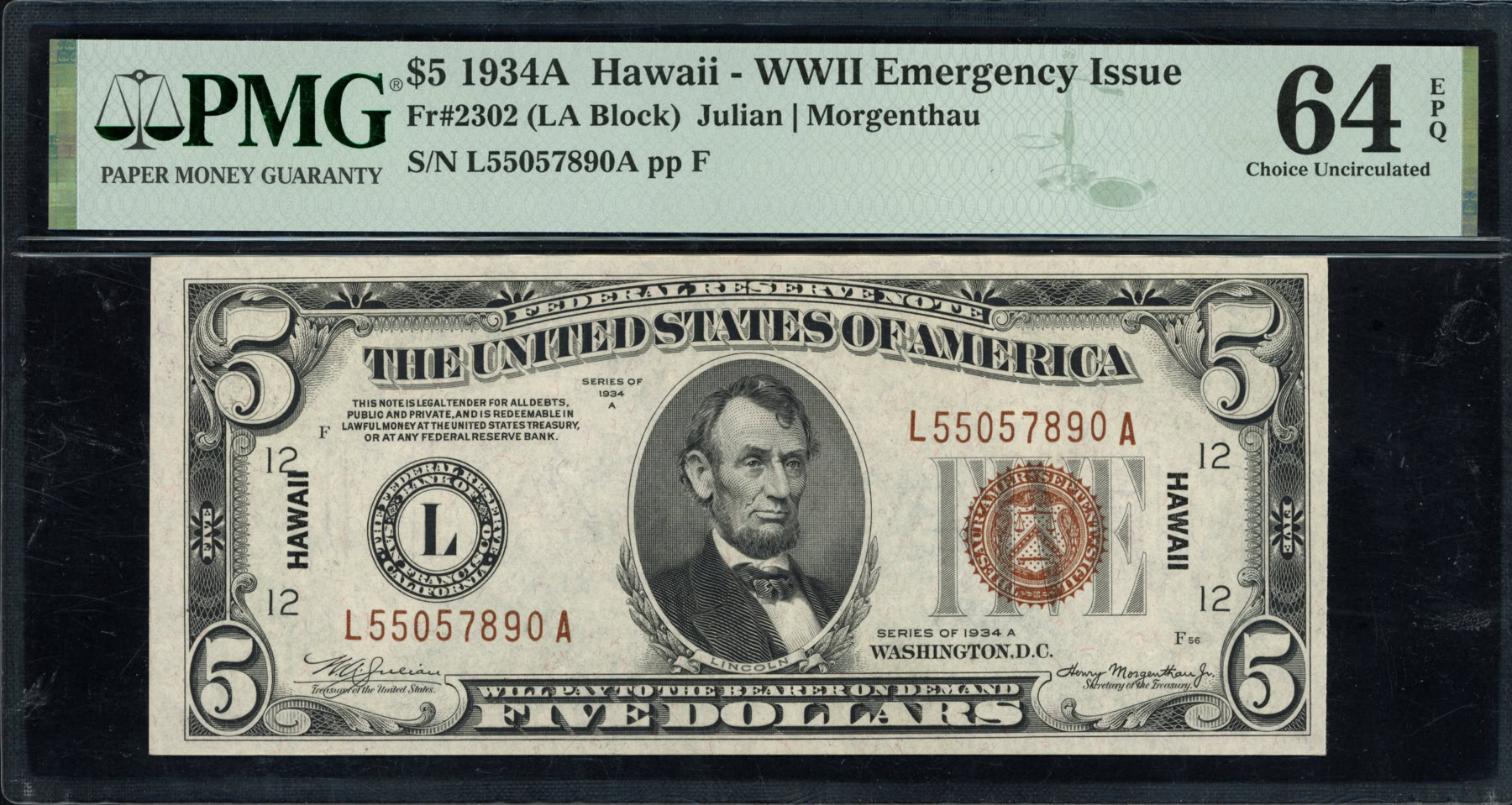 Fr. 2302 (LA Block) 1934A $5 Hawaii WWII Emergency Issue Note Julian ...