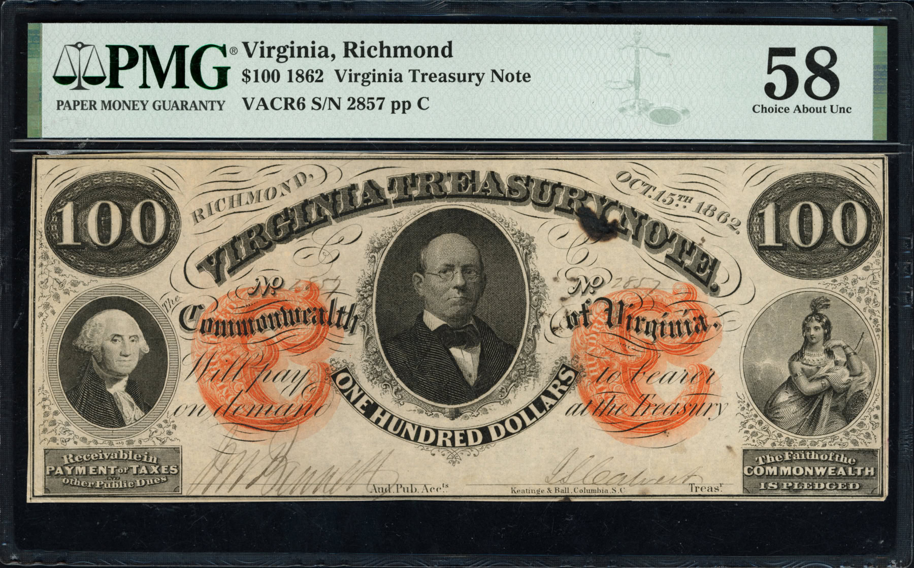 1862 Richmond, Virginia $100 Virginia Treasury Note PMG