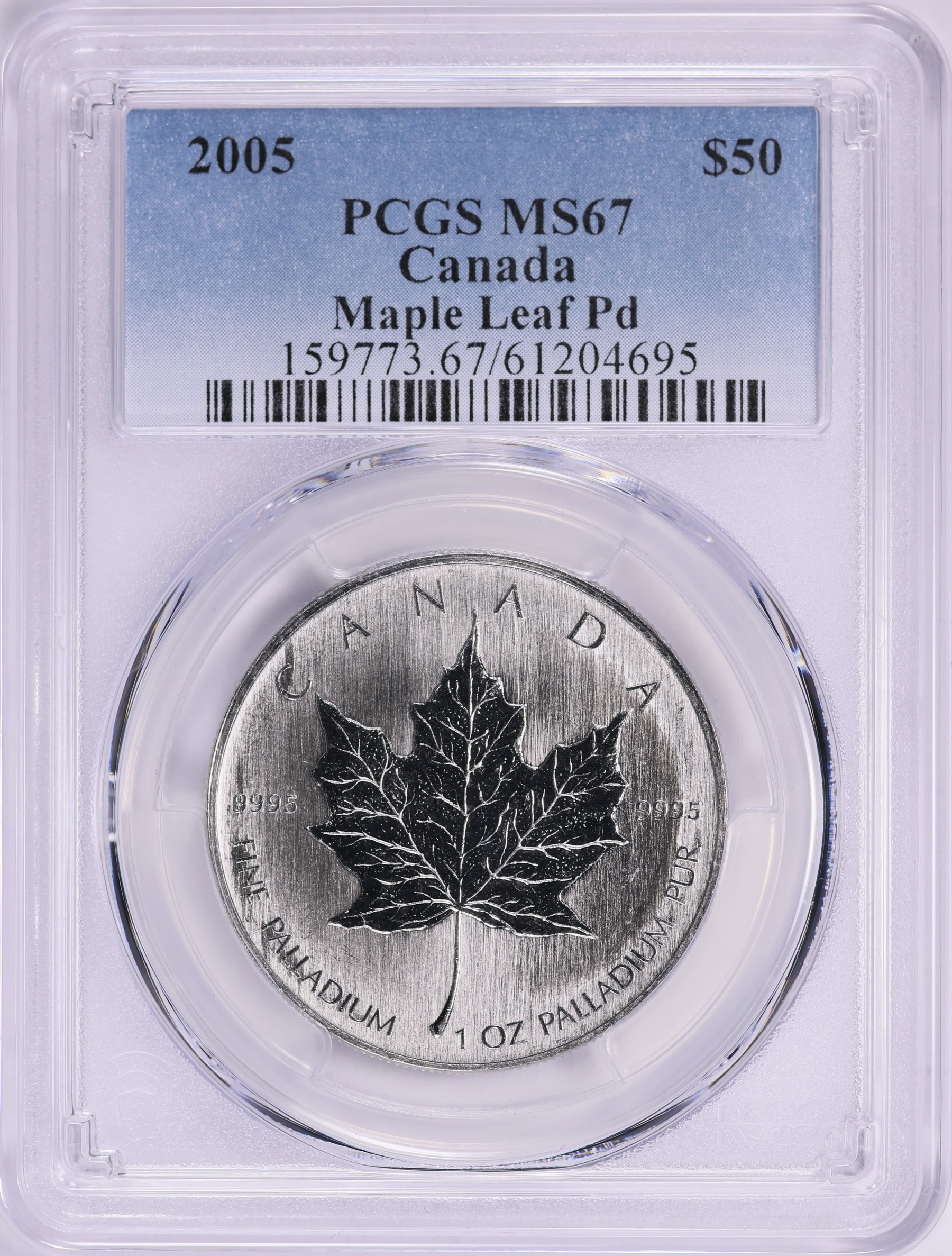 Canada 2005 Palladium $50 Maple Leaf PCGS MS-67 (APdW = 0.9995 Oz