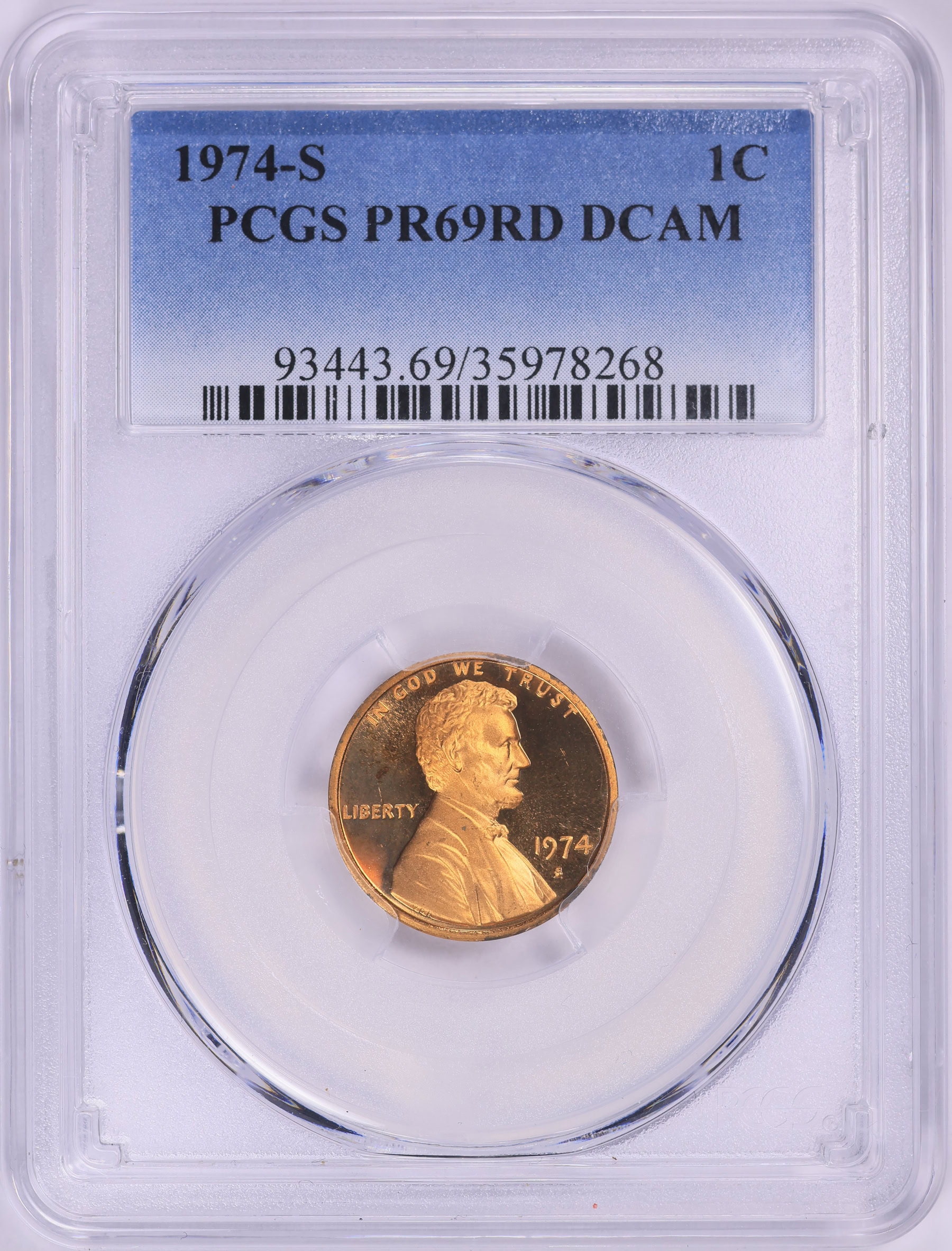 1974-S Lincoln Cent PCGS Proof-69 RD DCAM (Item 1952461