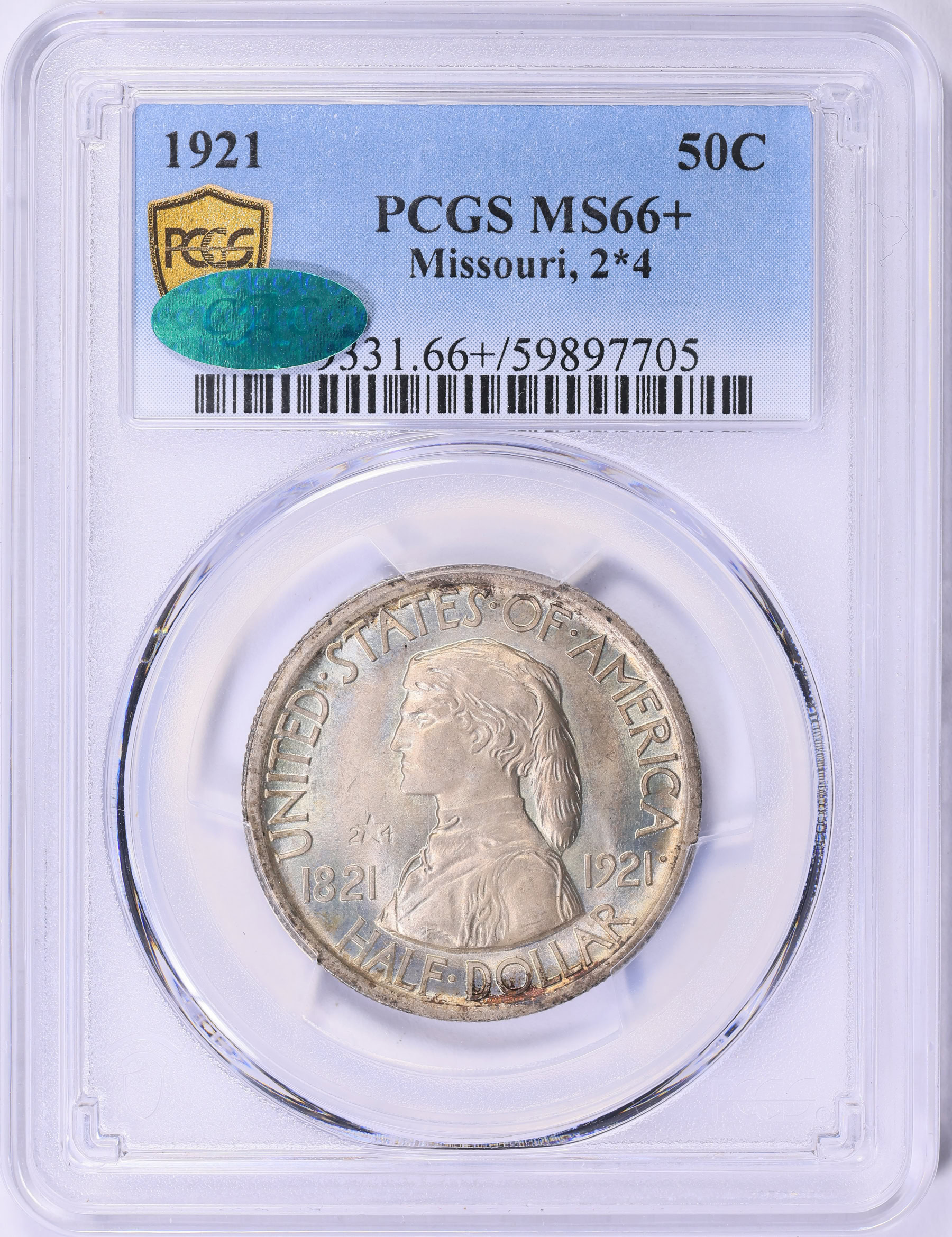 1921 Missouri Centennial Half Dollar 2x4 PCGS MS-66+ (CAC Green