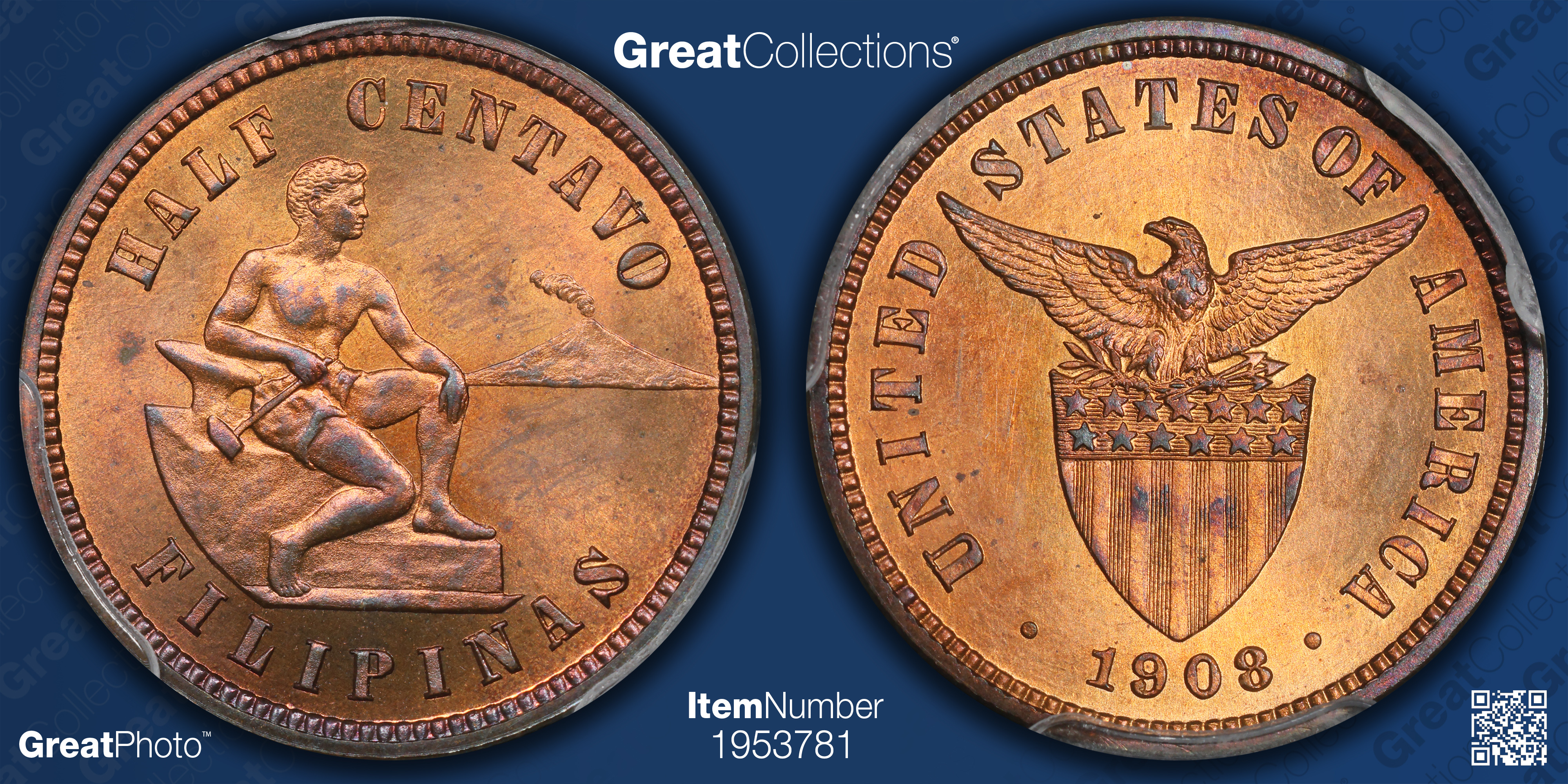 1908 U.S. Philippines Half Centavo PCGS Proof-64 RD (Item 1953781