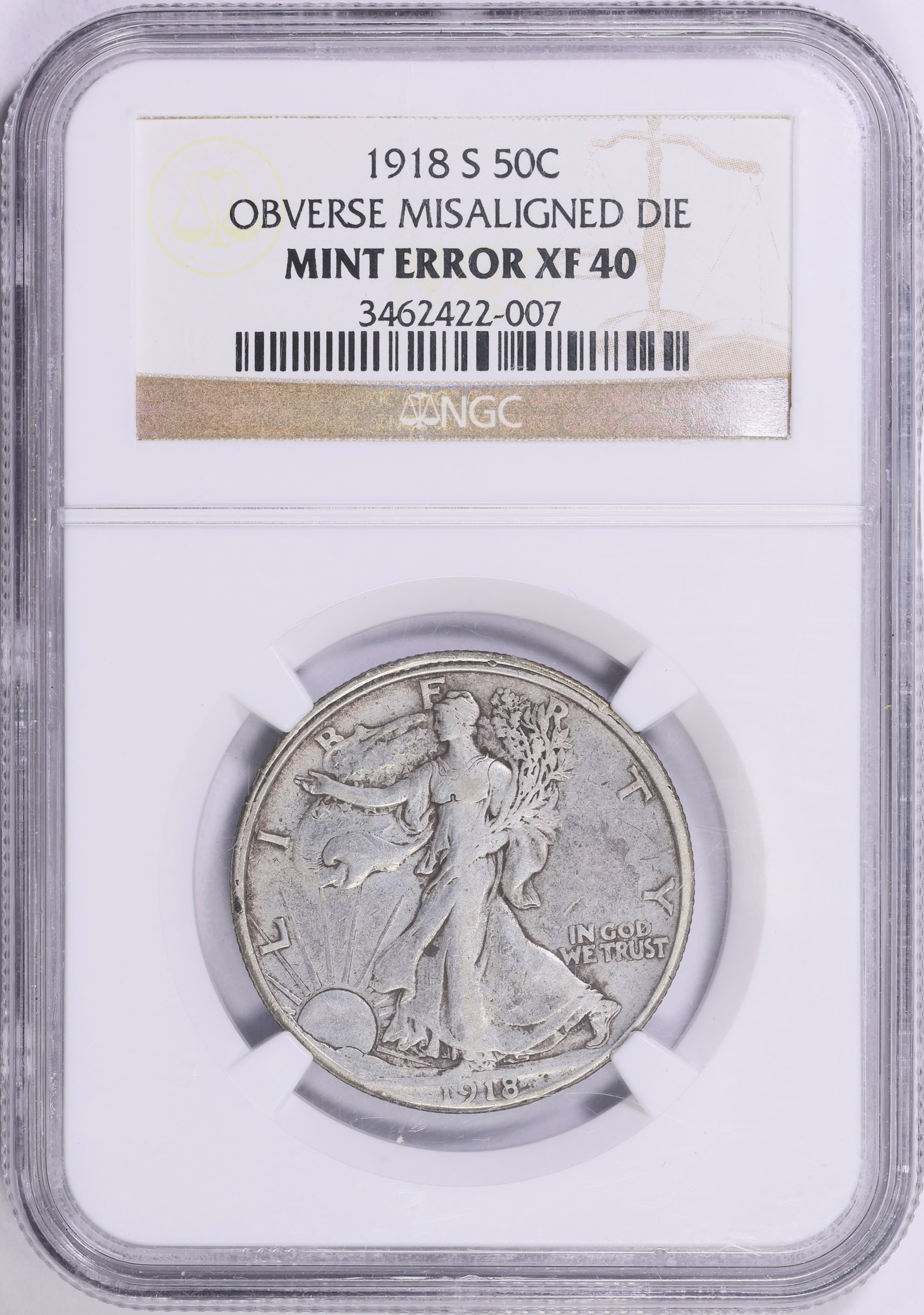 Mint Error 1918-S Walking Liberty Half Dollar Obverse Misaligned