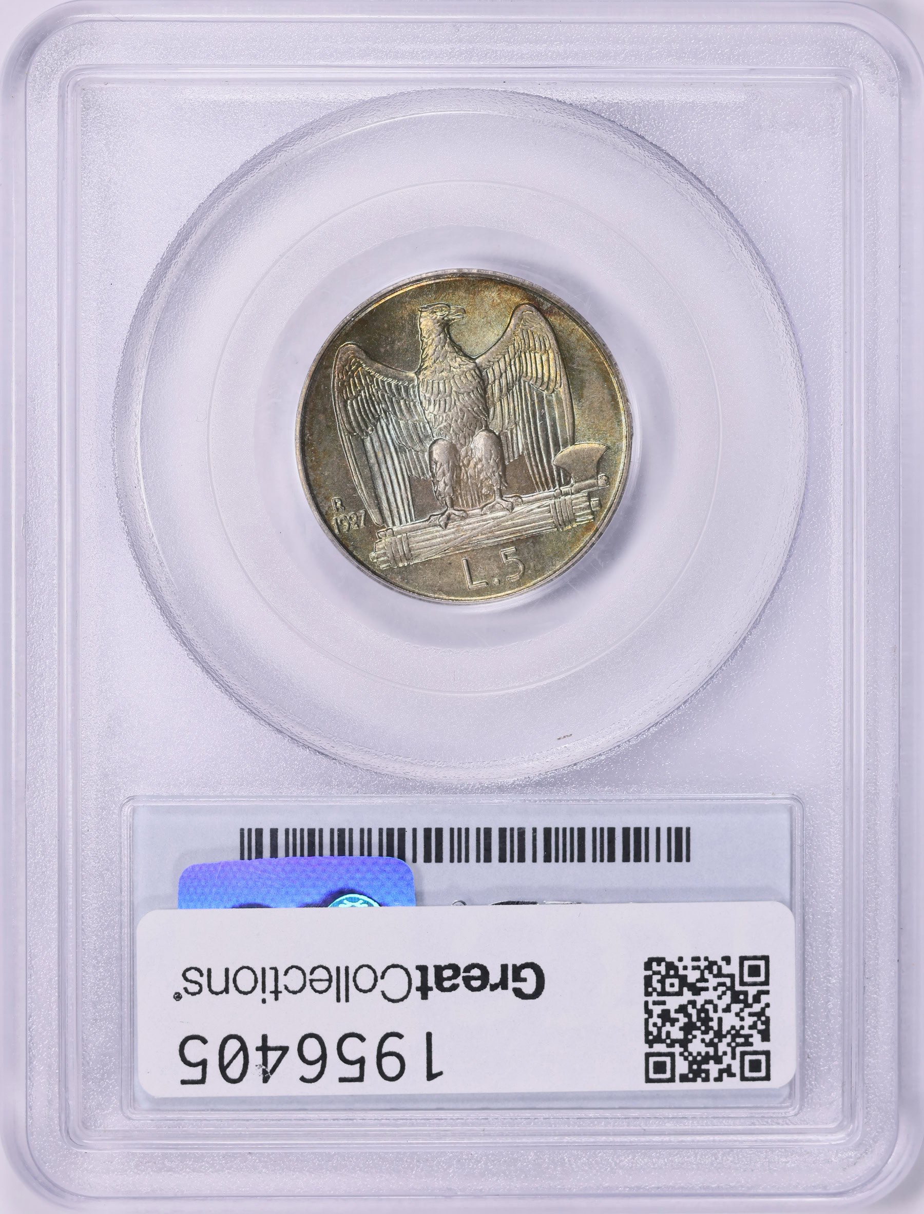 Italy 1927-R Silver 5 Lire **FERT** Edge KM-67.2 PCGS MS-65 (Toned