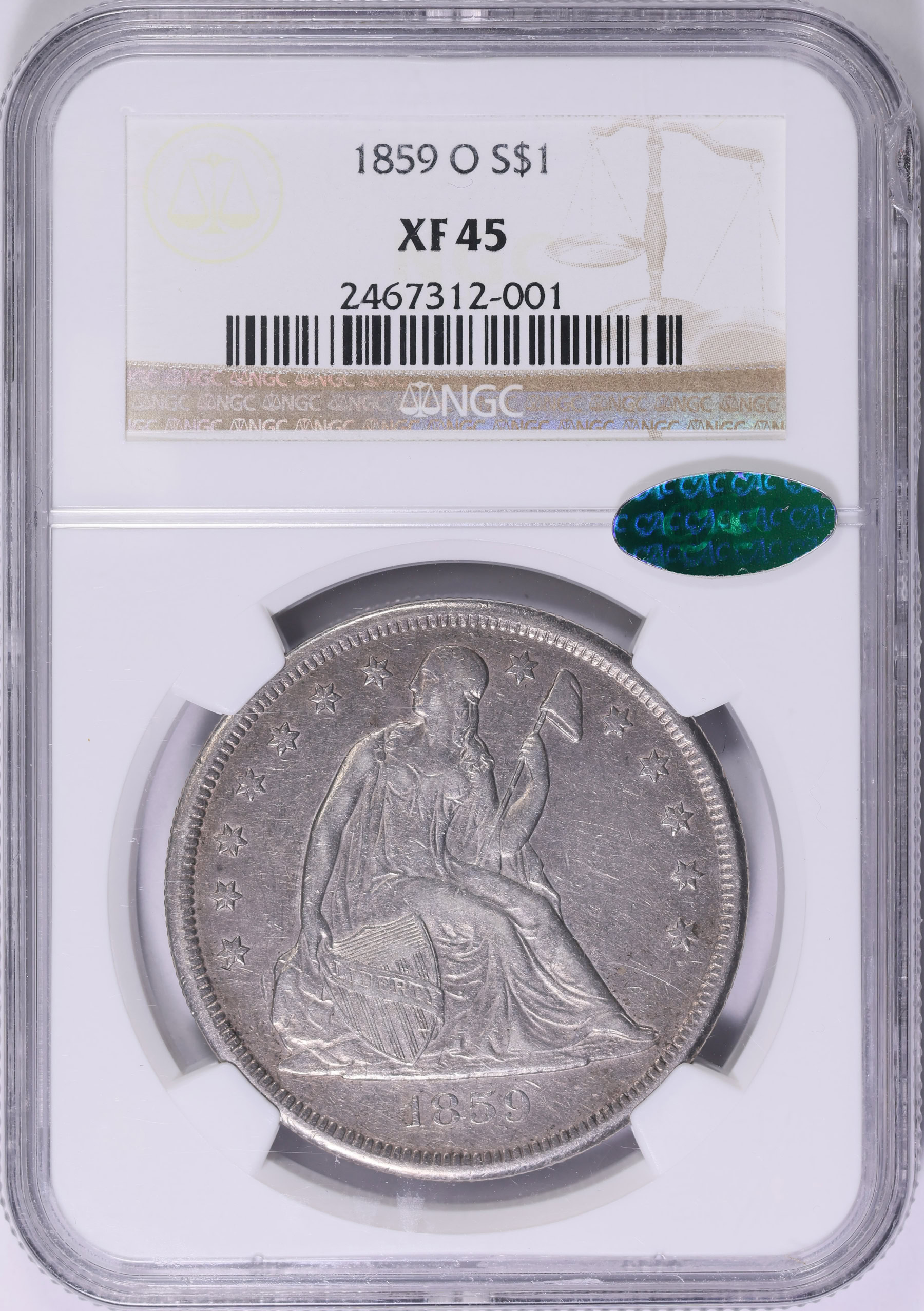 1859-O Seated Liberty Silver Dollar NGC XF-45 (CAC Green) (Item