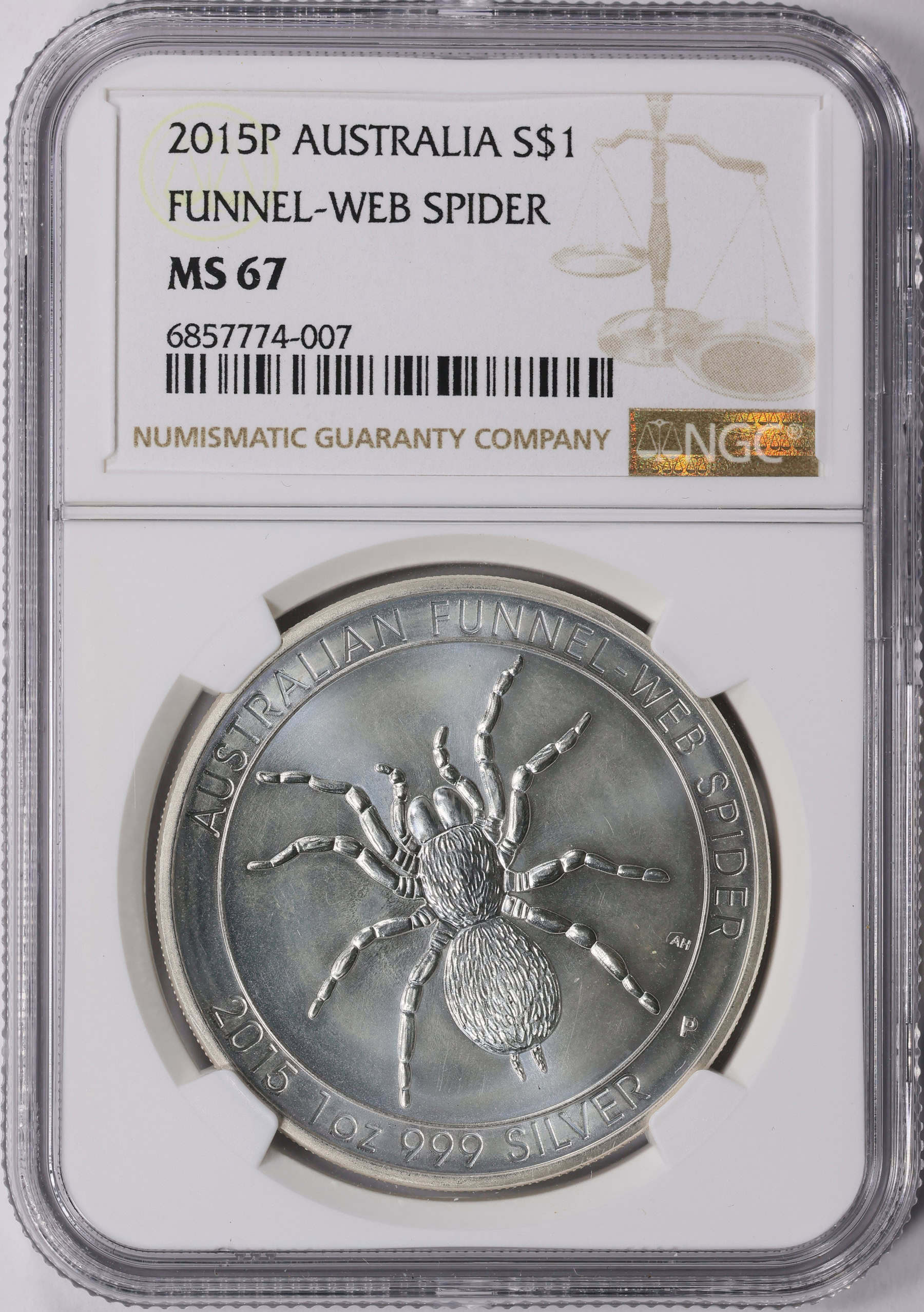 Australia 2015-P Silver Dollar Funnel-Web Spider KM-3085 NGC MS-67