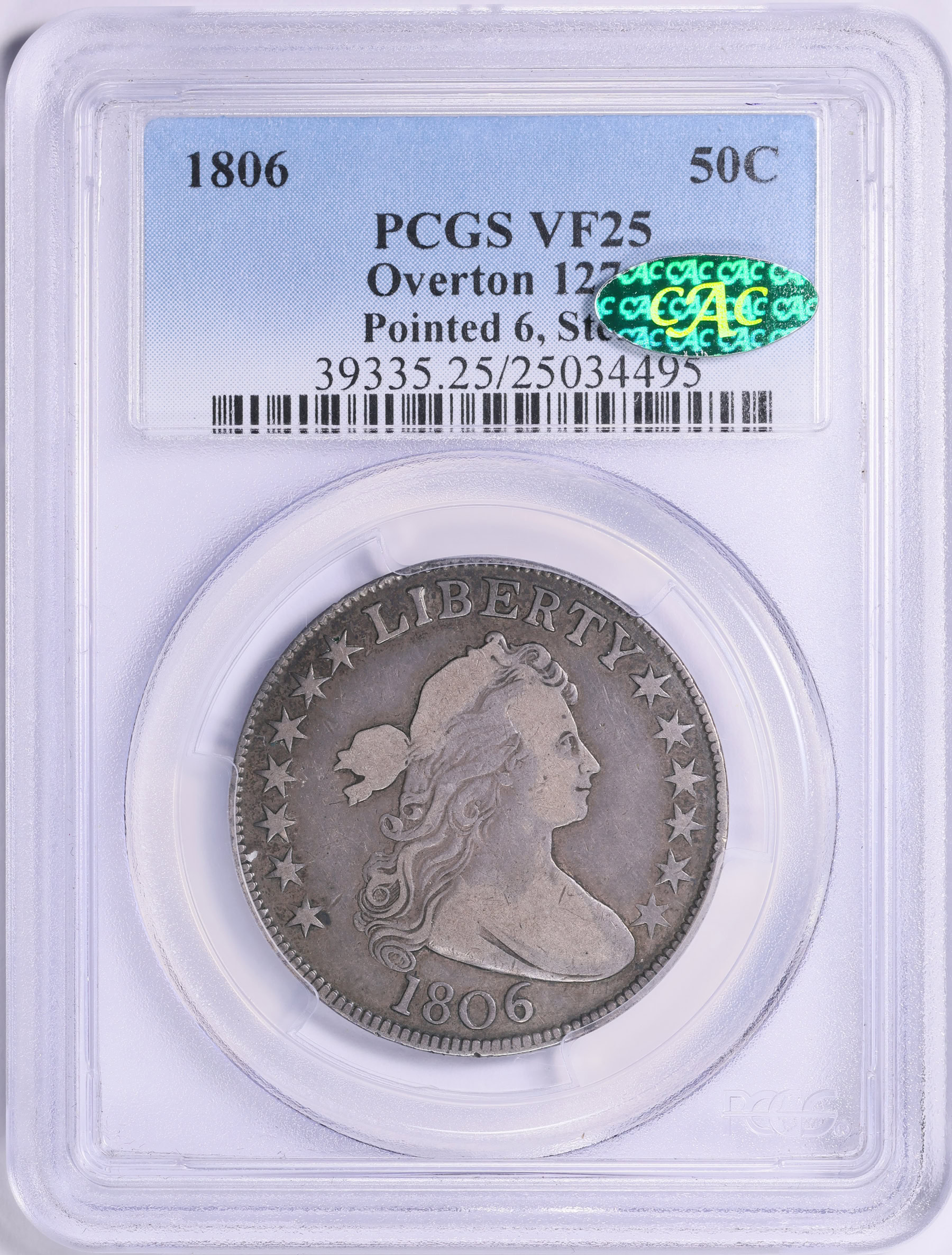 コレクション coindot 1806 Draped Bust Half Dollar Pointed 6, Stem Overton 127a PCGS VF