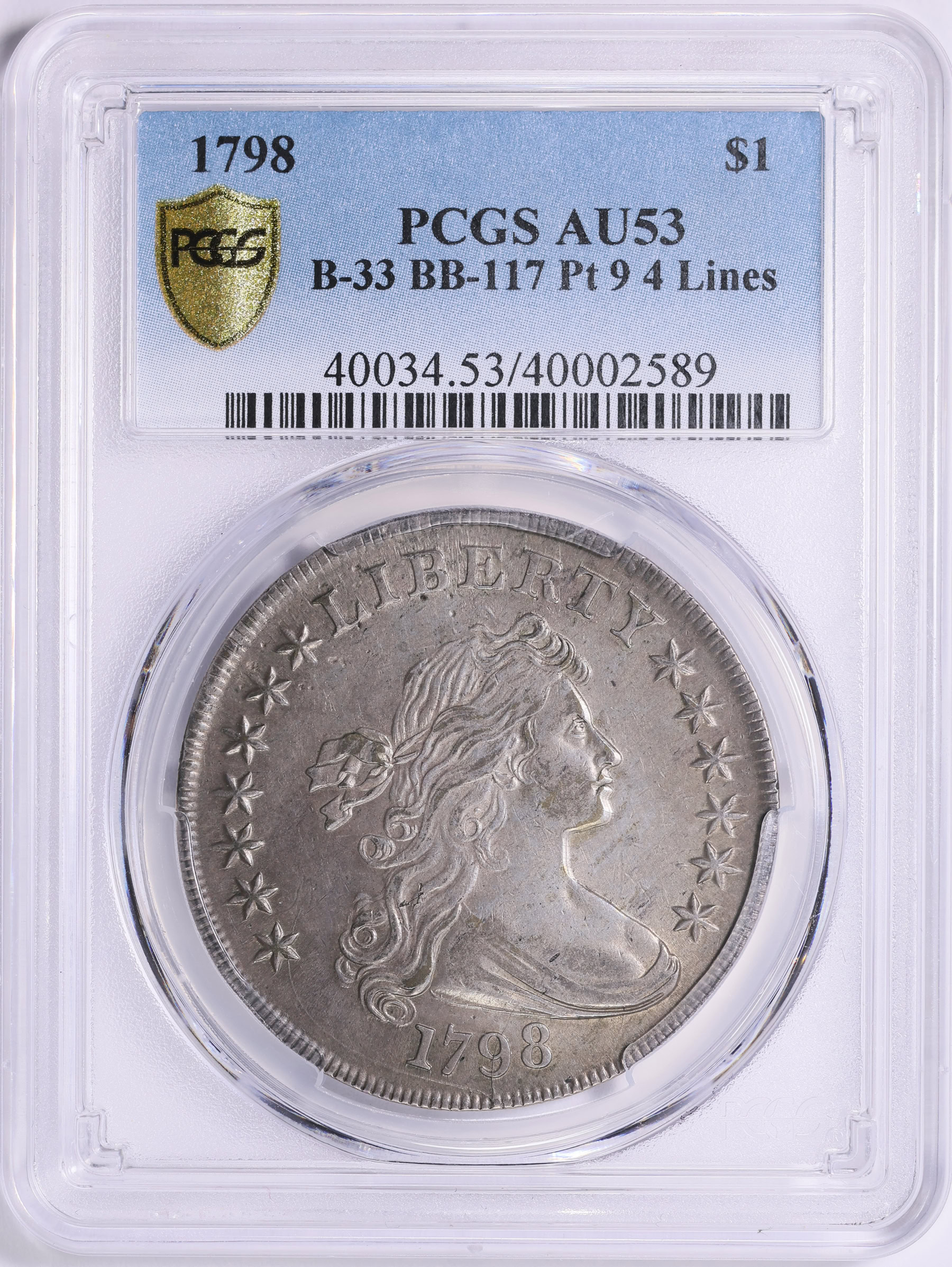 1798 Draped Bust Silver Dollar B-33 BB-117 Point 9 4 Lines PCGS AU