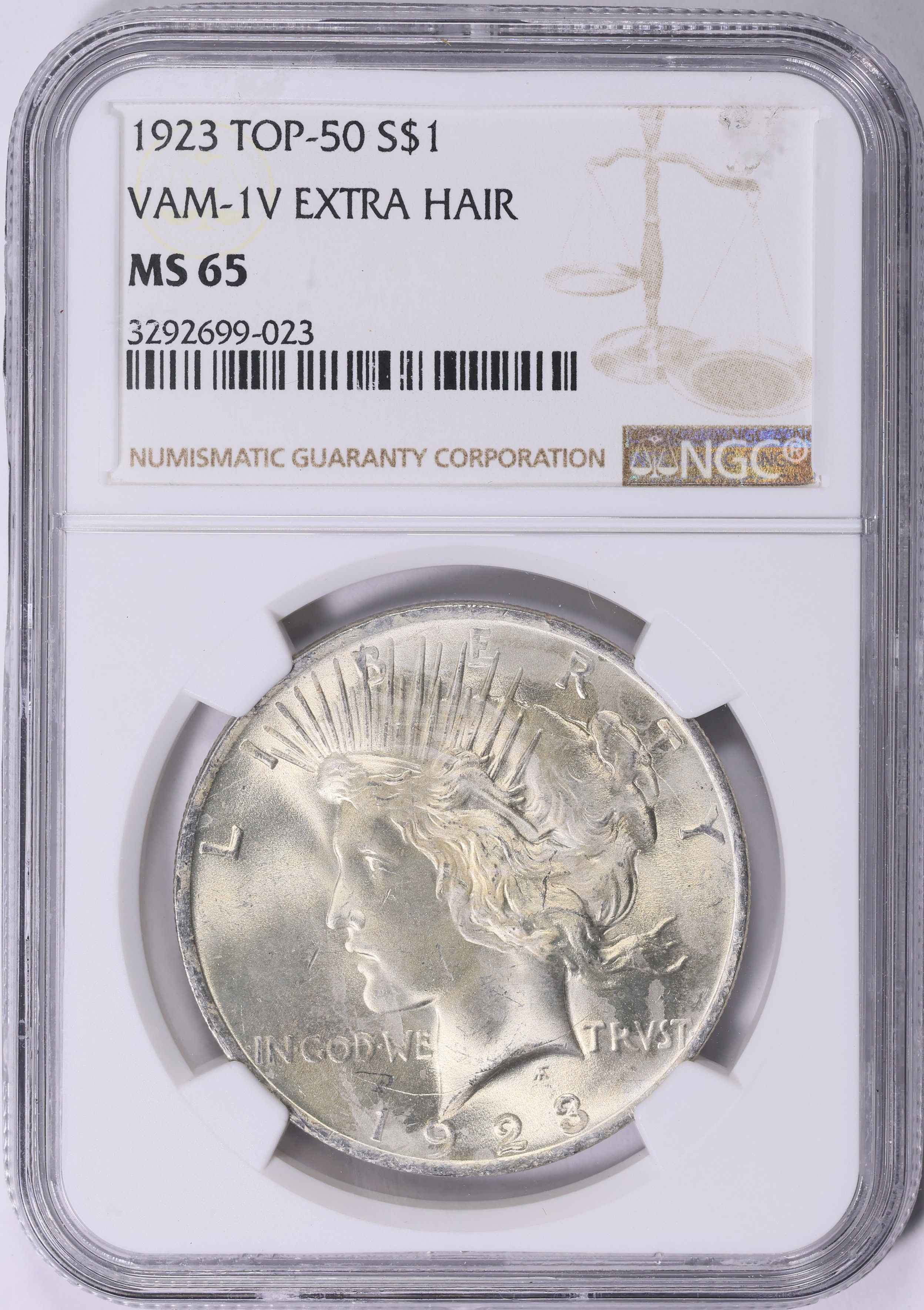 1923 Peace Silver Dollar Extra Hair VAM-1V Top 50 NGC MS-65 (Item