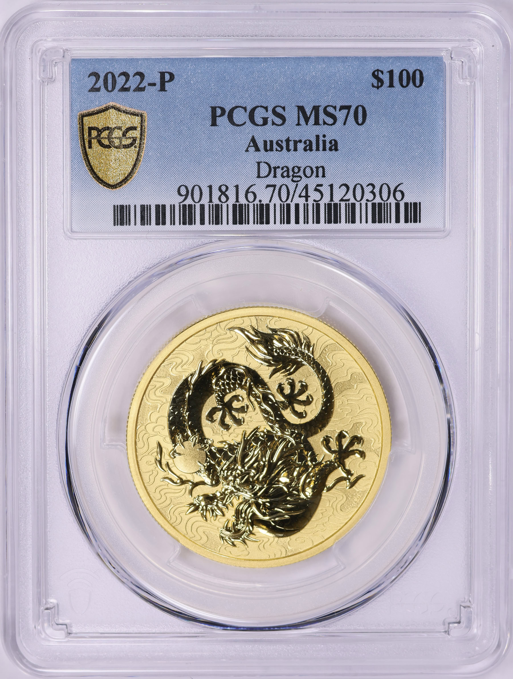 Australia 2022-P Gold $100 Dragon PCGS MS-70 (AGW = 1 Oz.) (Item
