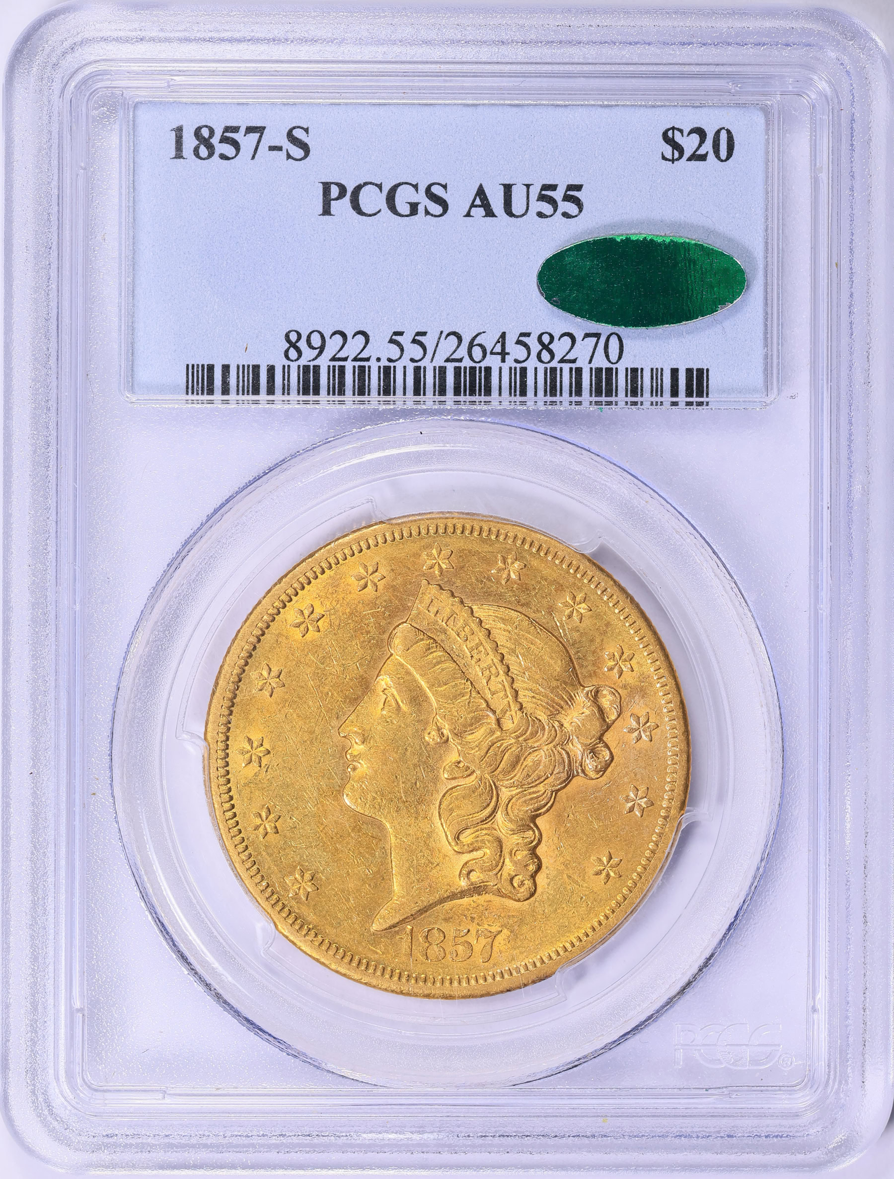 1857-S Liberty Gold Double Eagle PCGS AU-55 (CAC Green) (Item