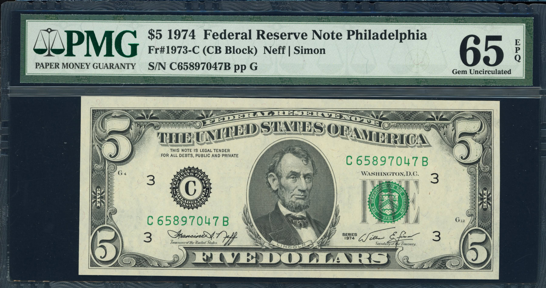 Fr. 1973-C (CB Block) 1974 $5 Philadelphia Federal Reserve Note Neff ...