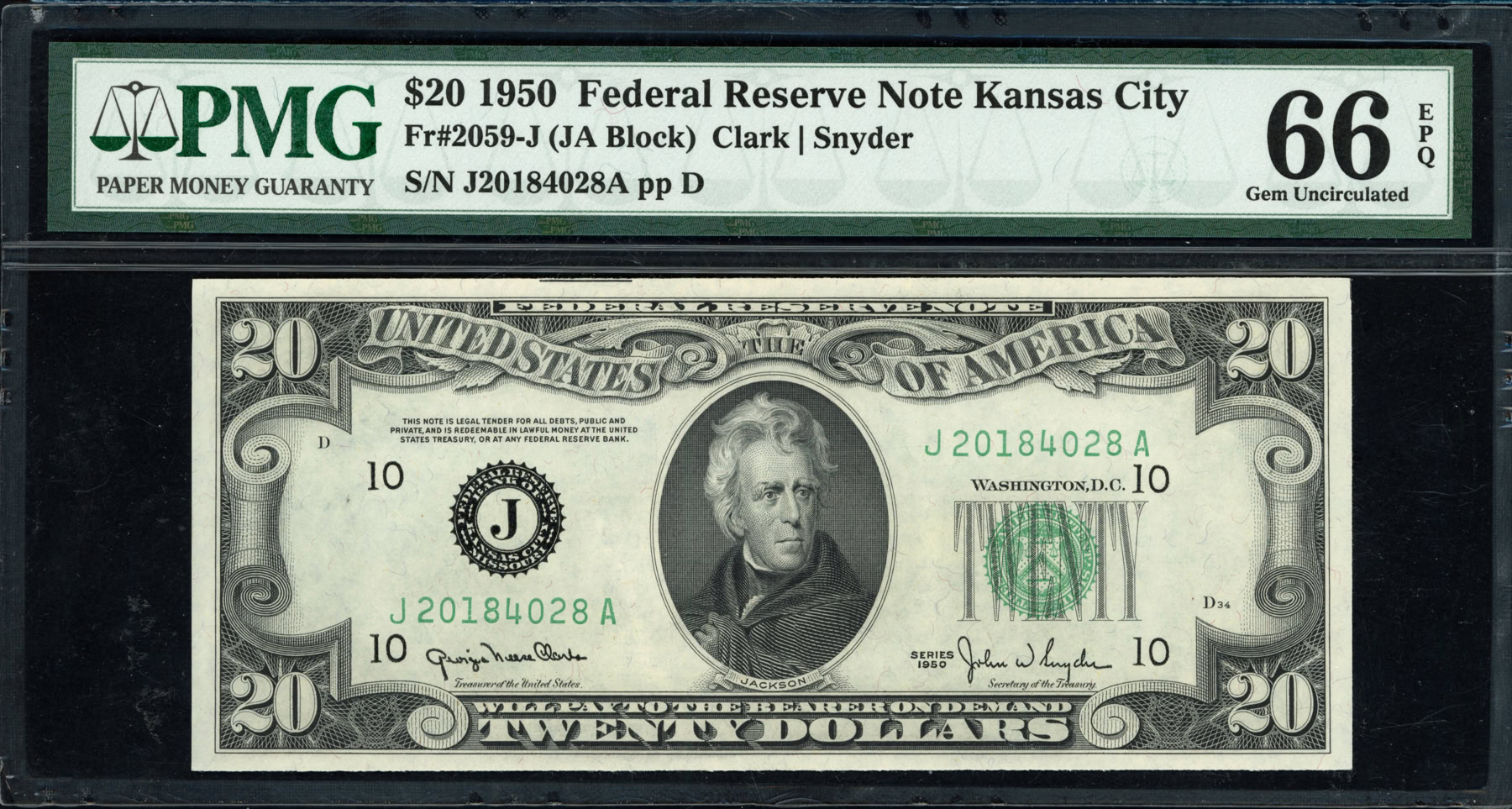 Fr. 2059-J (JA Block) 1950 $20 Kansas City Federal Reserve Note Clark ...