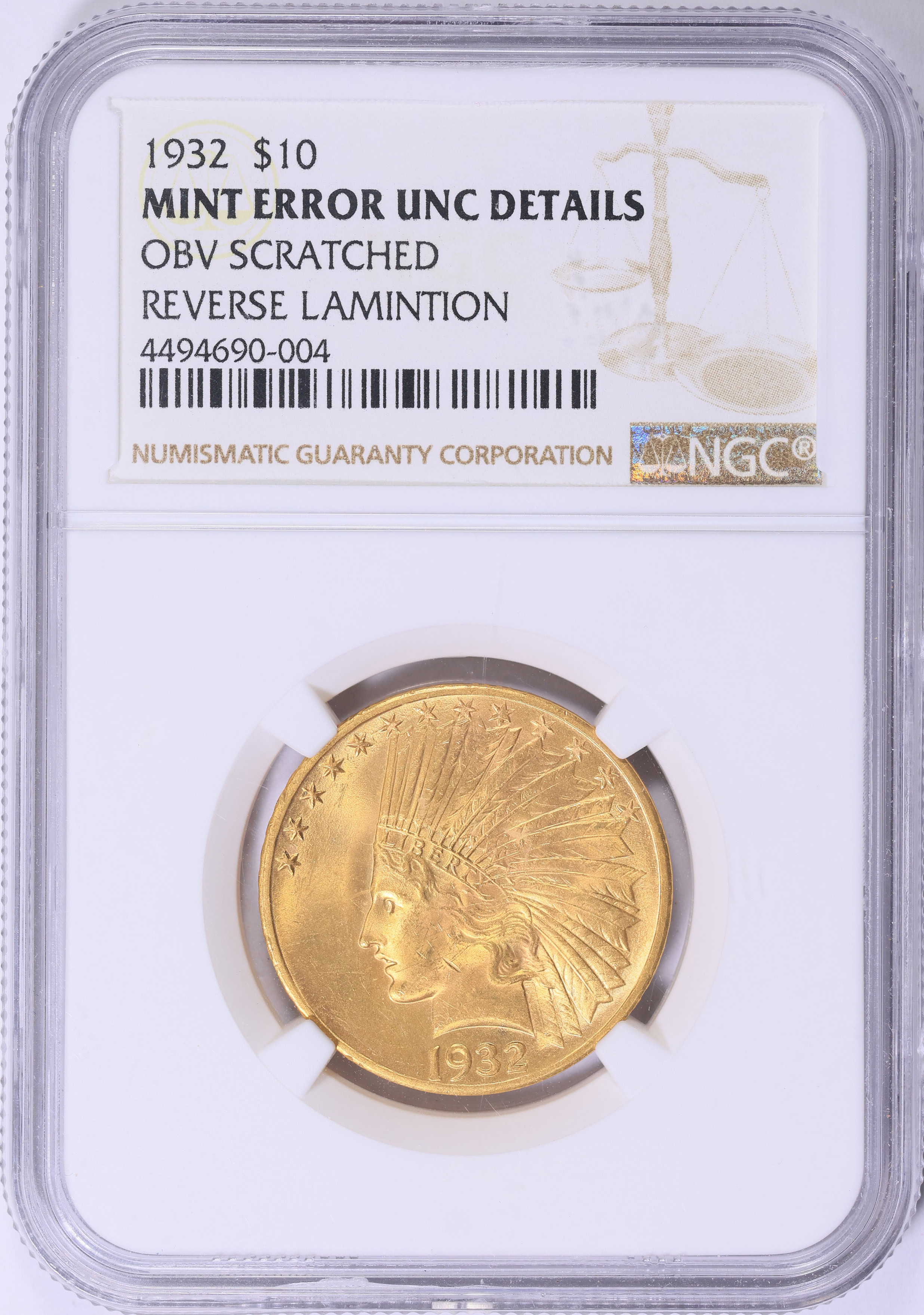 Mint Error 1932 Indian Gold Eagle Reverse Lamination NGC Unc