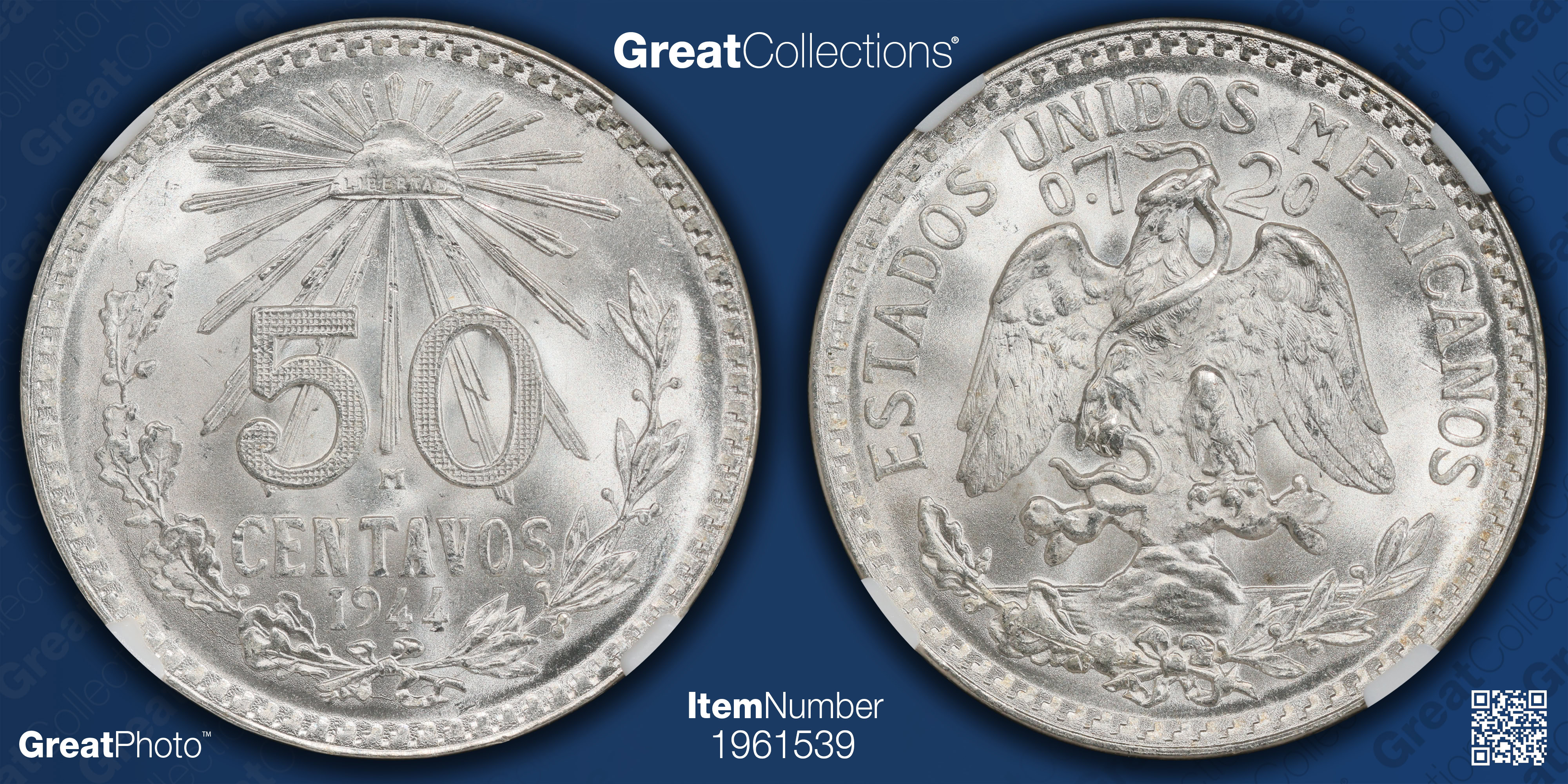 Mexico 1944-M Silver 50 Centavos KM-447 NGC MS-68 (Item 1961539