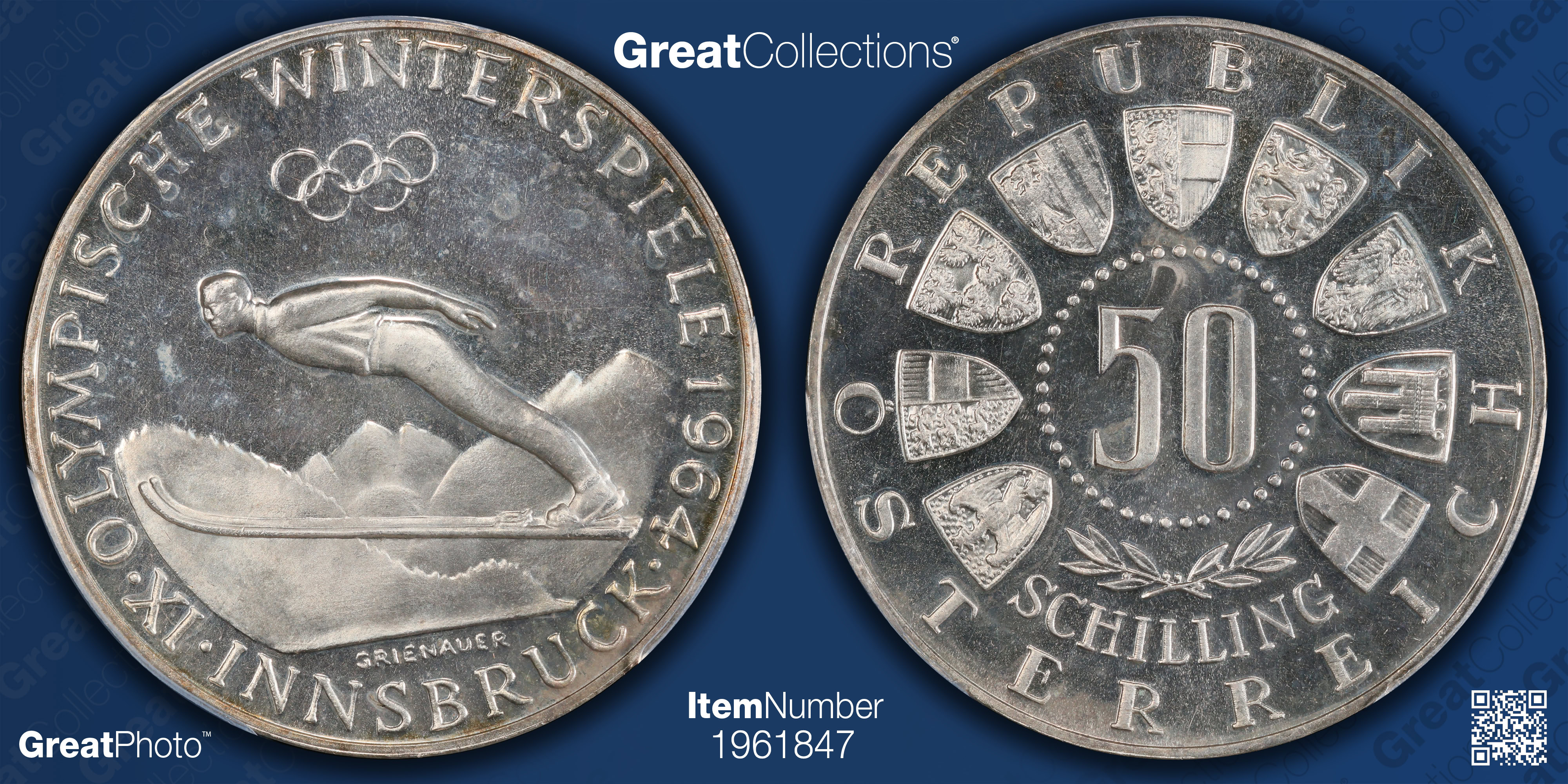 Austria 1964 Silver 50 Schilling Innsbruck Winter Olympics KM-2896