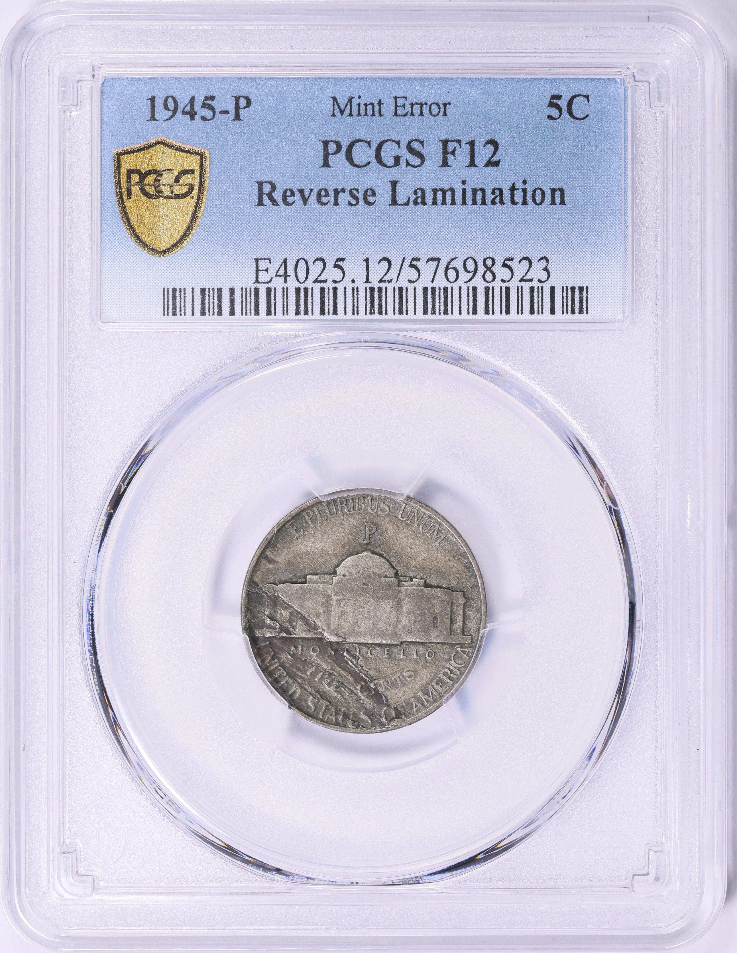 【XF45 ミントエラー超稀少.珍品】PCGS1912宣統元宝東三省造2角銀貨 Mint Error 1945-P Jefferson Nickel Reverse Lamination PCGS F-12