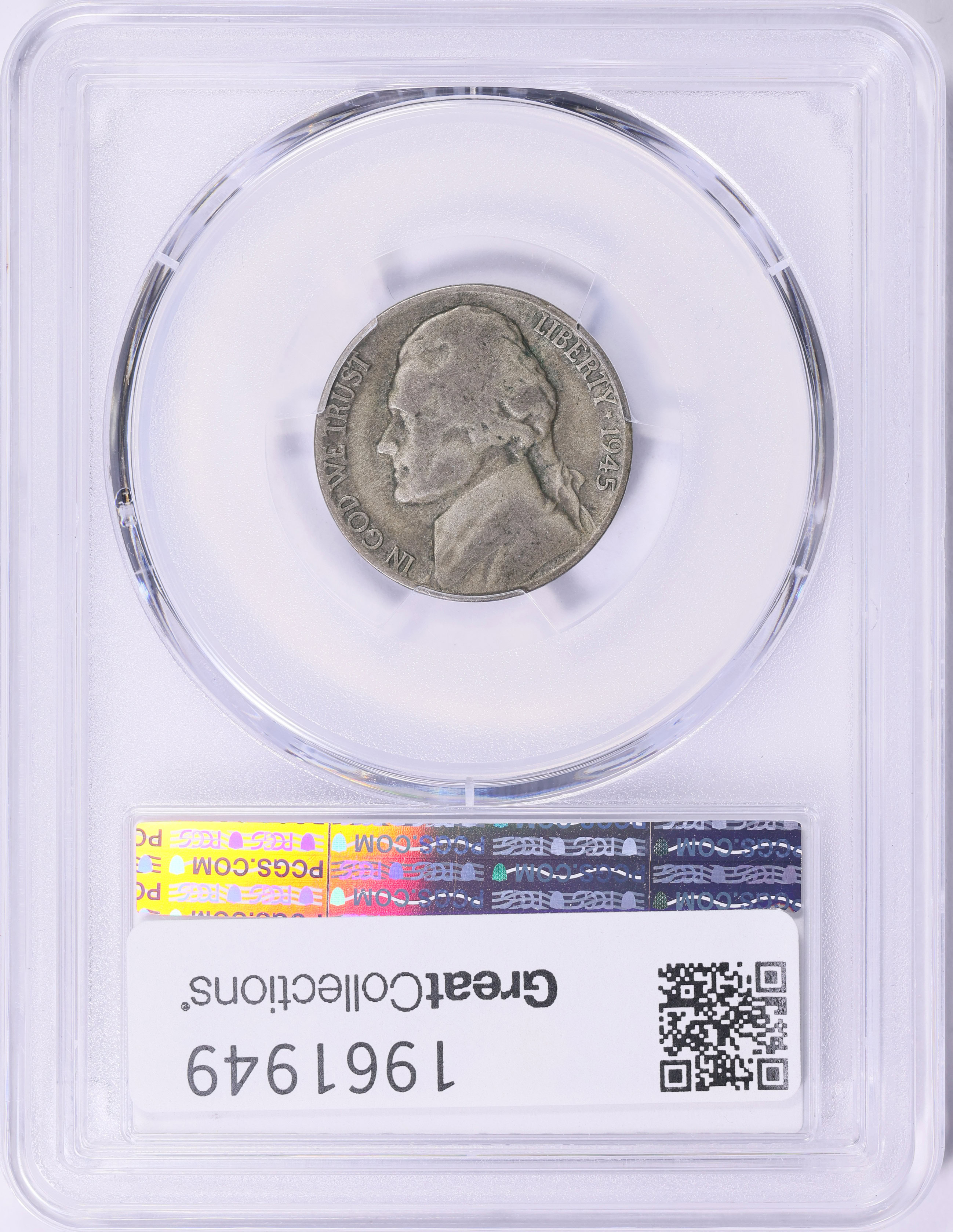 Mint Error 1945-P Jefferson Nickel Reverse Lamination PCGS F-12