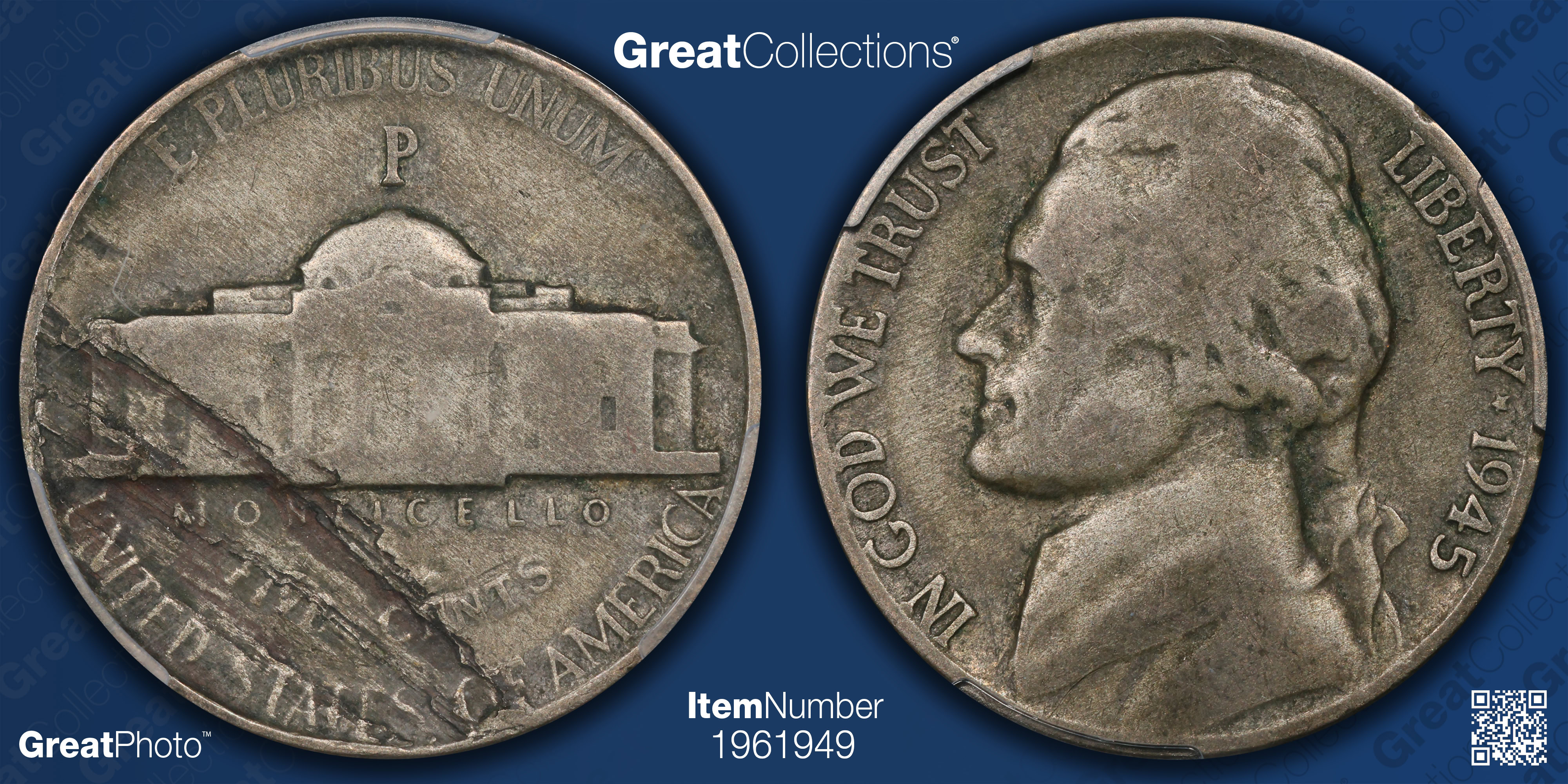 Mint Error 1945-P Jefferson Nickel Reverse Lamination PCGS F-12