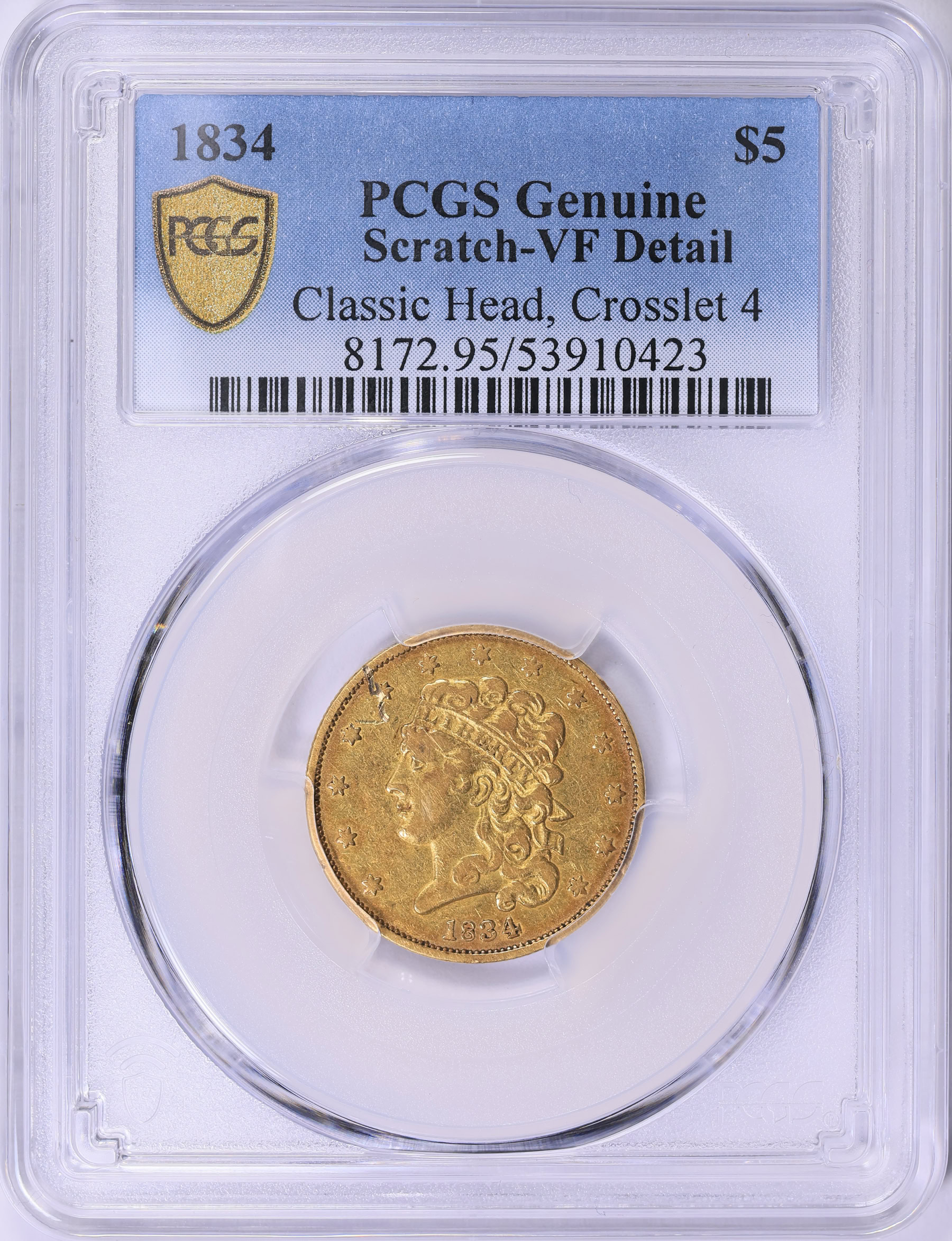 1834 Classic Head Gold Half Eagle Crosslet 4 PCGS Genuine VF Details ...