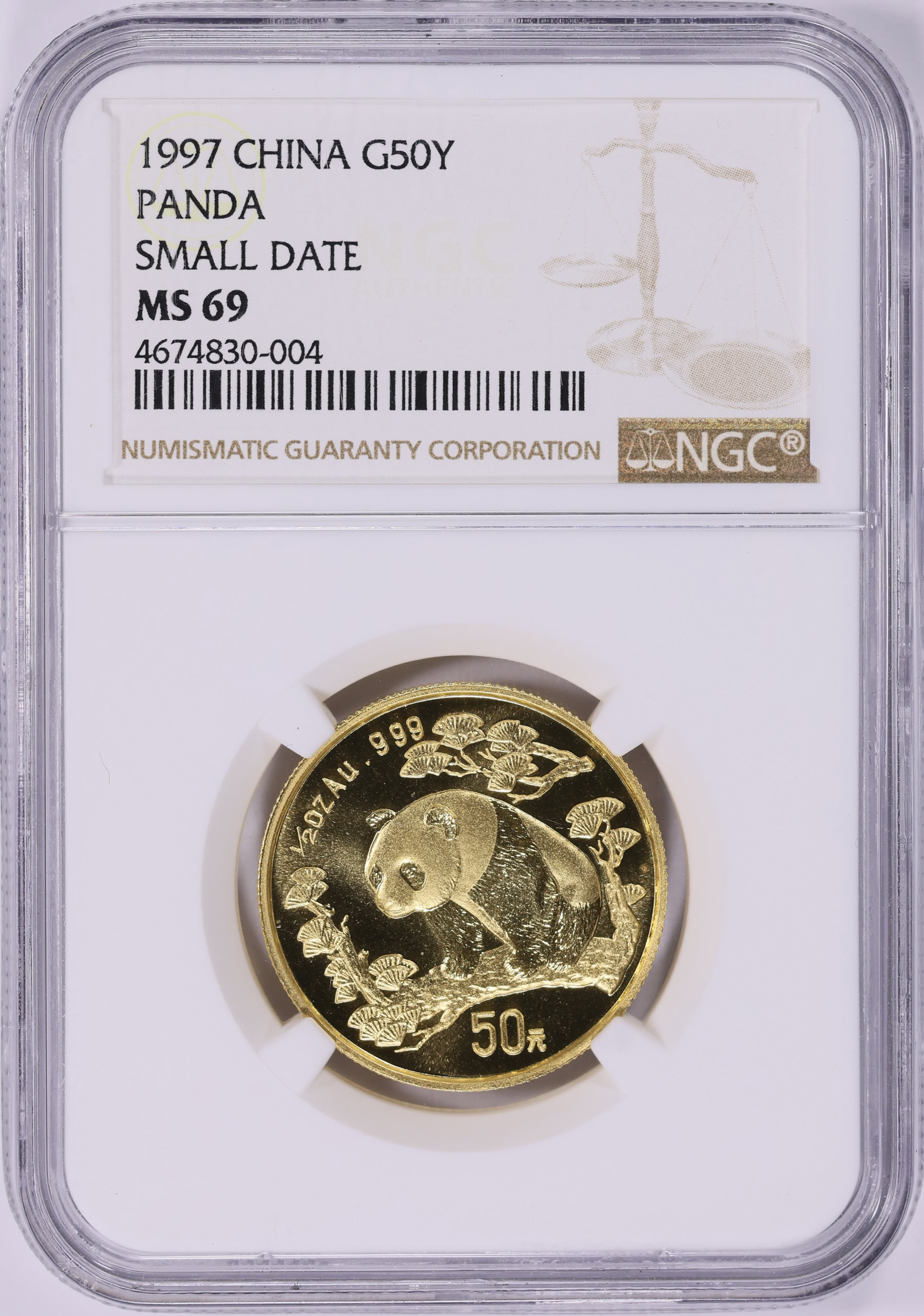 China 1997 Gold 50 Yuan Panda Small Date KM-990 NGC MS-69 (AGW