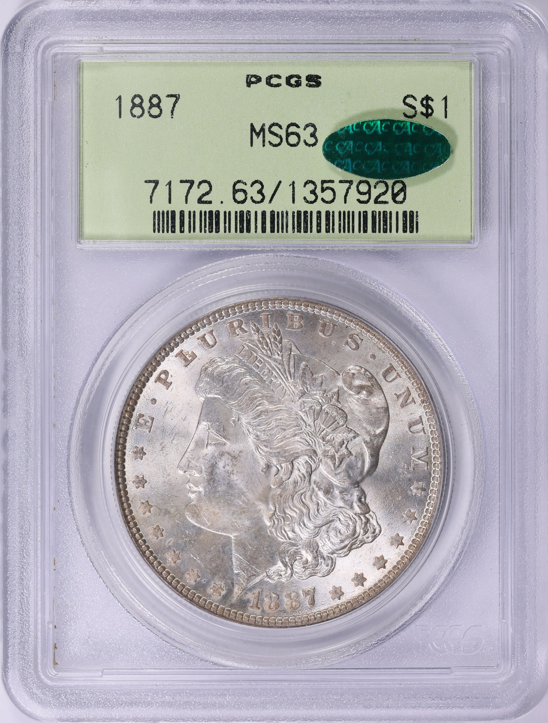 1887 Morgan Silver Dollar PCGS MS-63 (CAC Green) OGH (Item 1964601