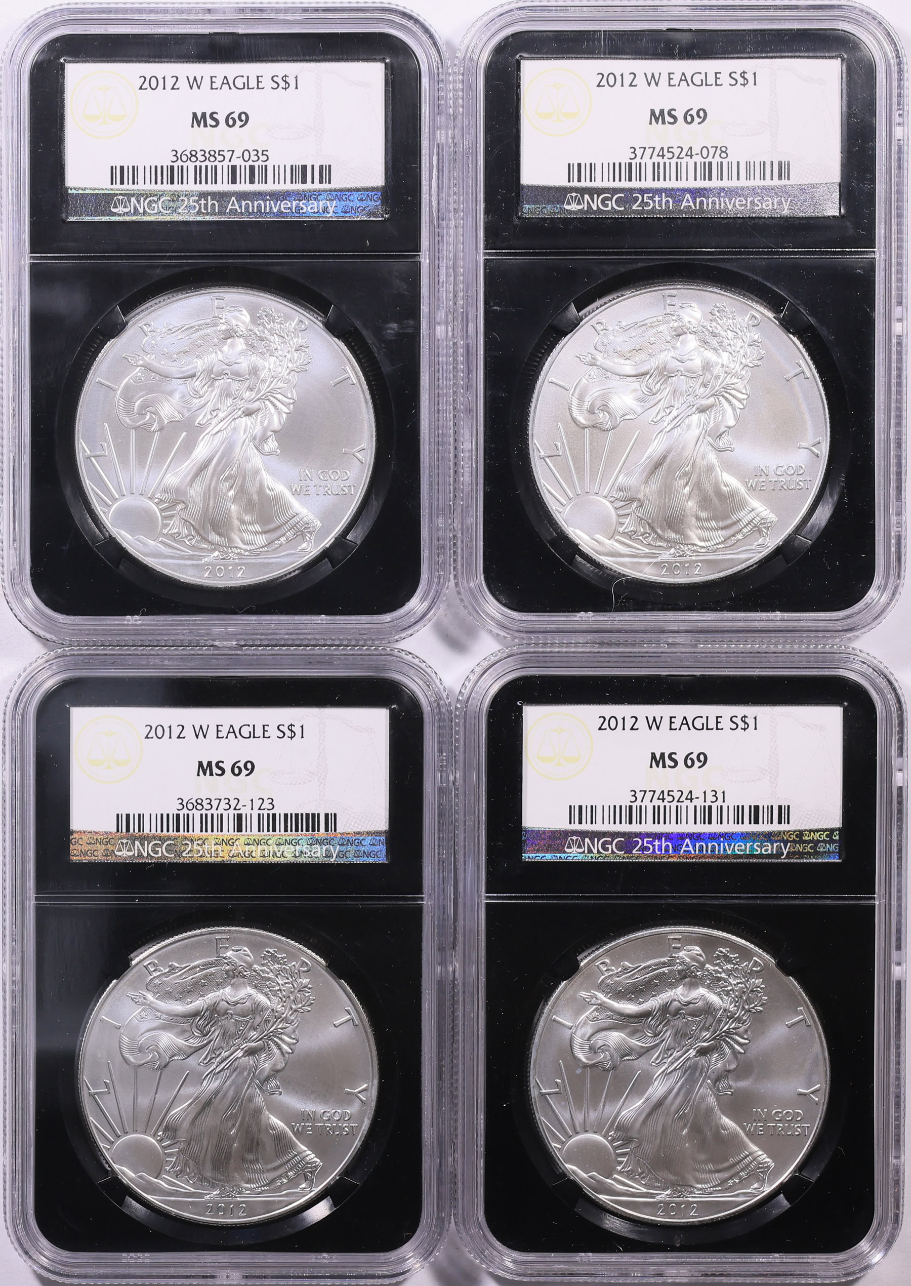 2012-W $1 Silver Eagle NGC MS-69 (Black Retro Holders) (4 Coins